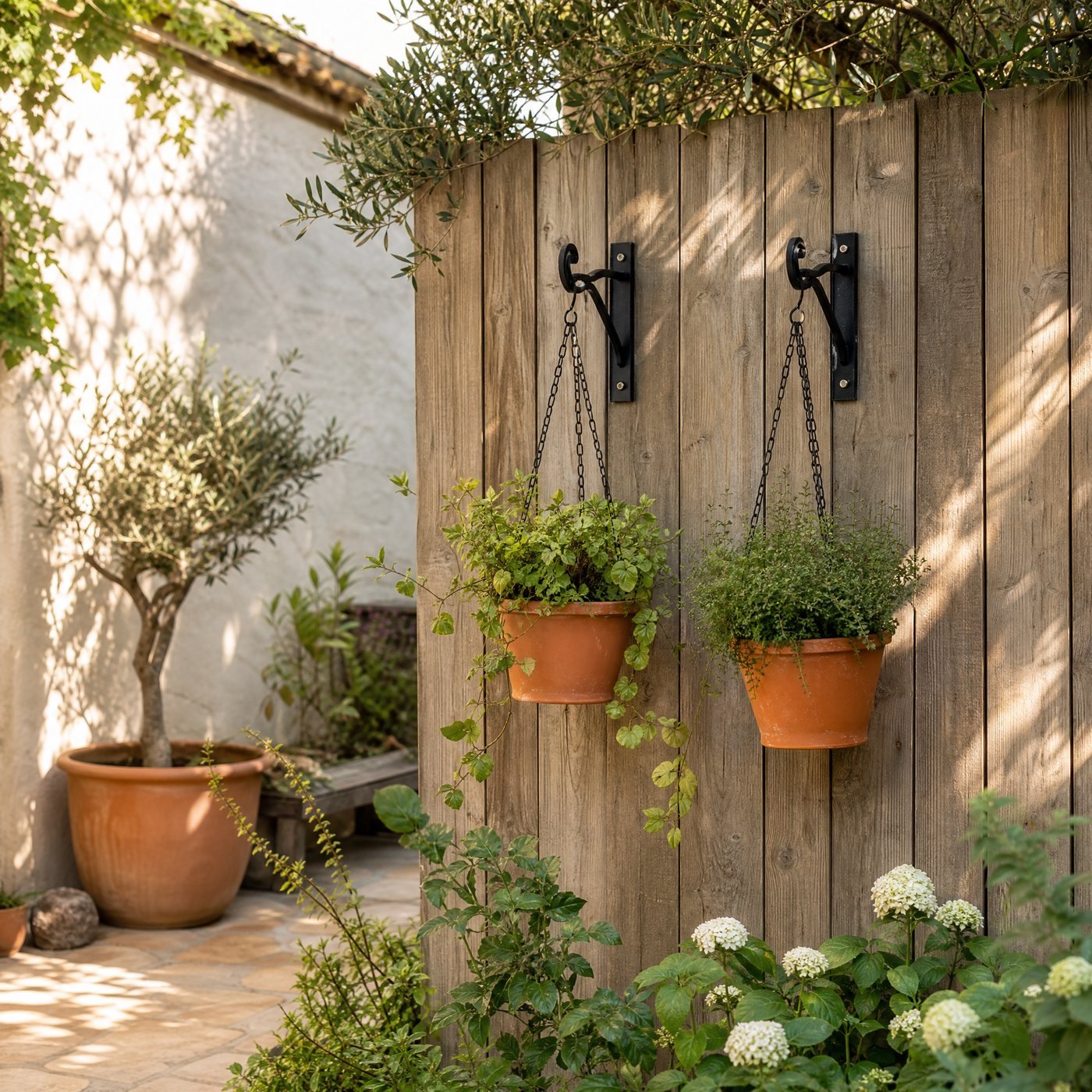 Over-fence Hooks, Set of 4 — a timber garden fence with these hooks holding two hanging terracotta pots