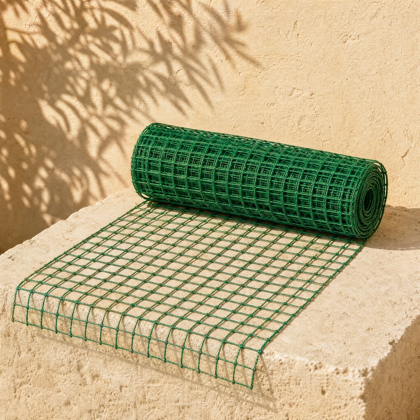 Climbing Plant Net, 1 × 2 m — a folded green nylon square-mesh climbing plant net with one end unrolled on sunlit stone