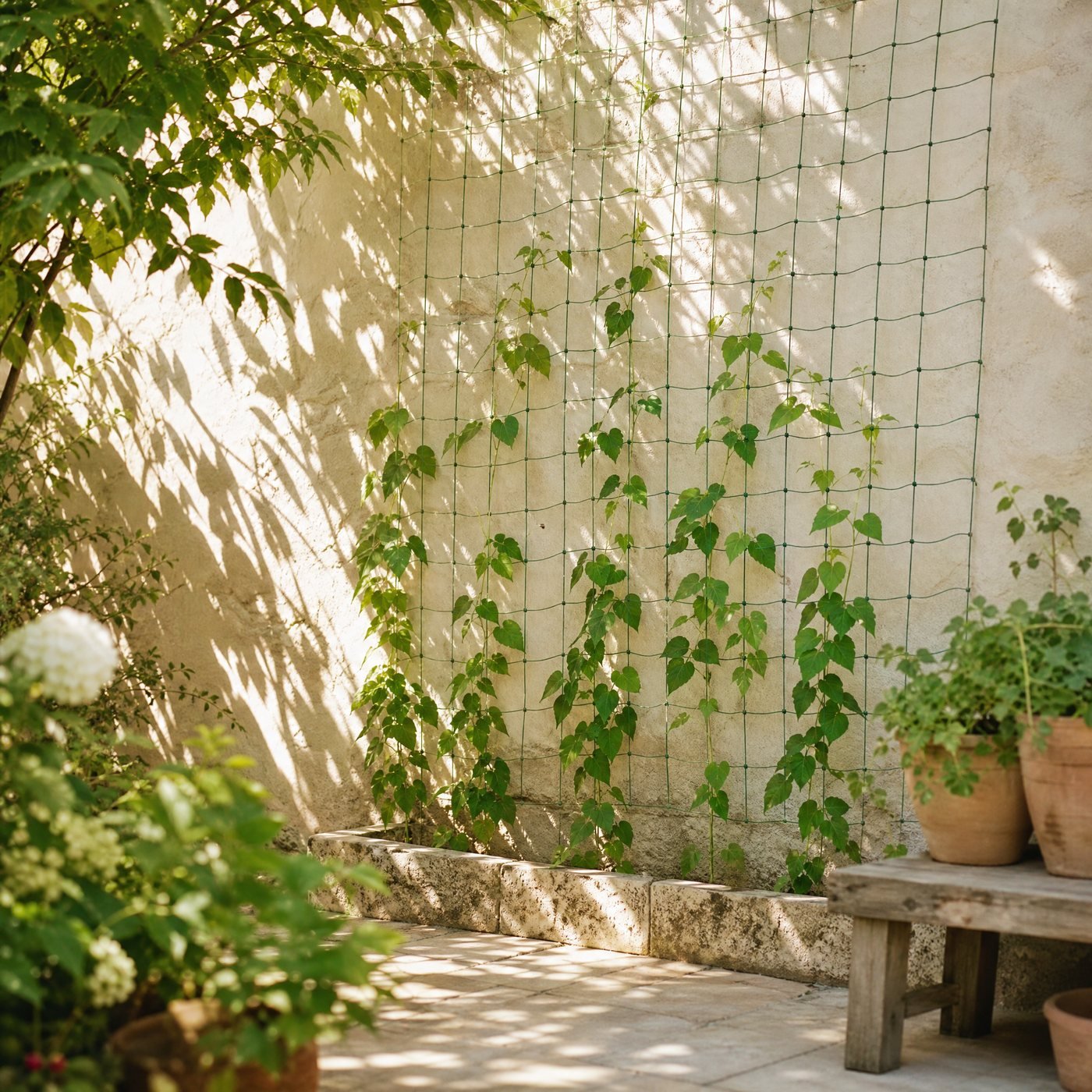 Climbing Plant Net, 1 × 2 m — a limewashed garden wall with this green net fixed to it and young beans climbing