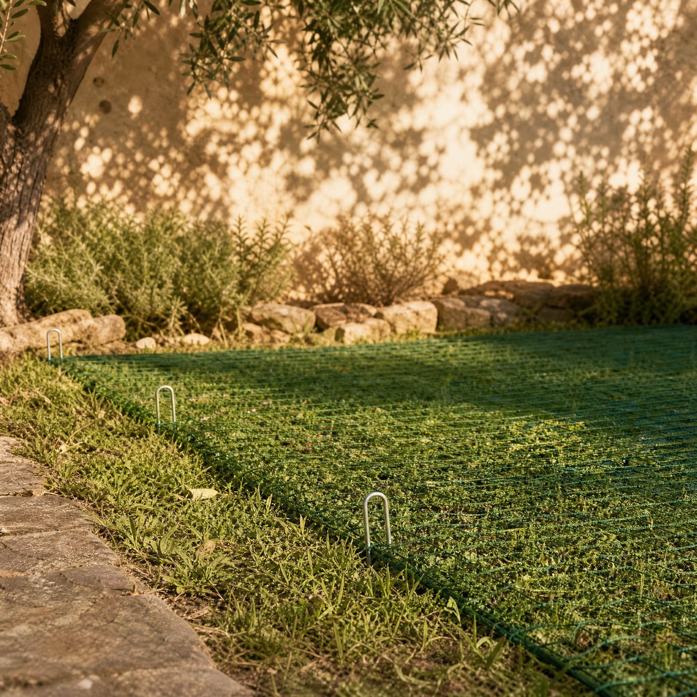 Ground Pegs, U-shaped — a lawn edge with these pegs holding down a green net