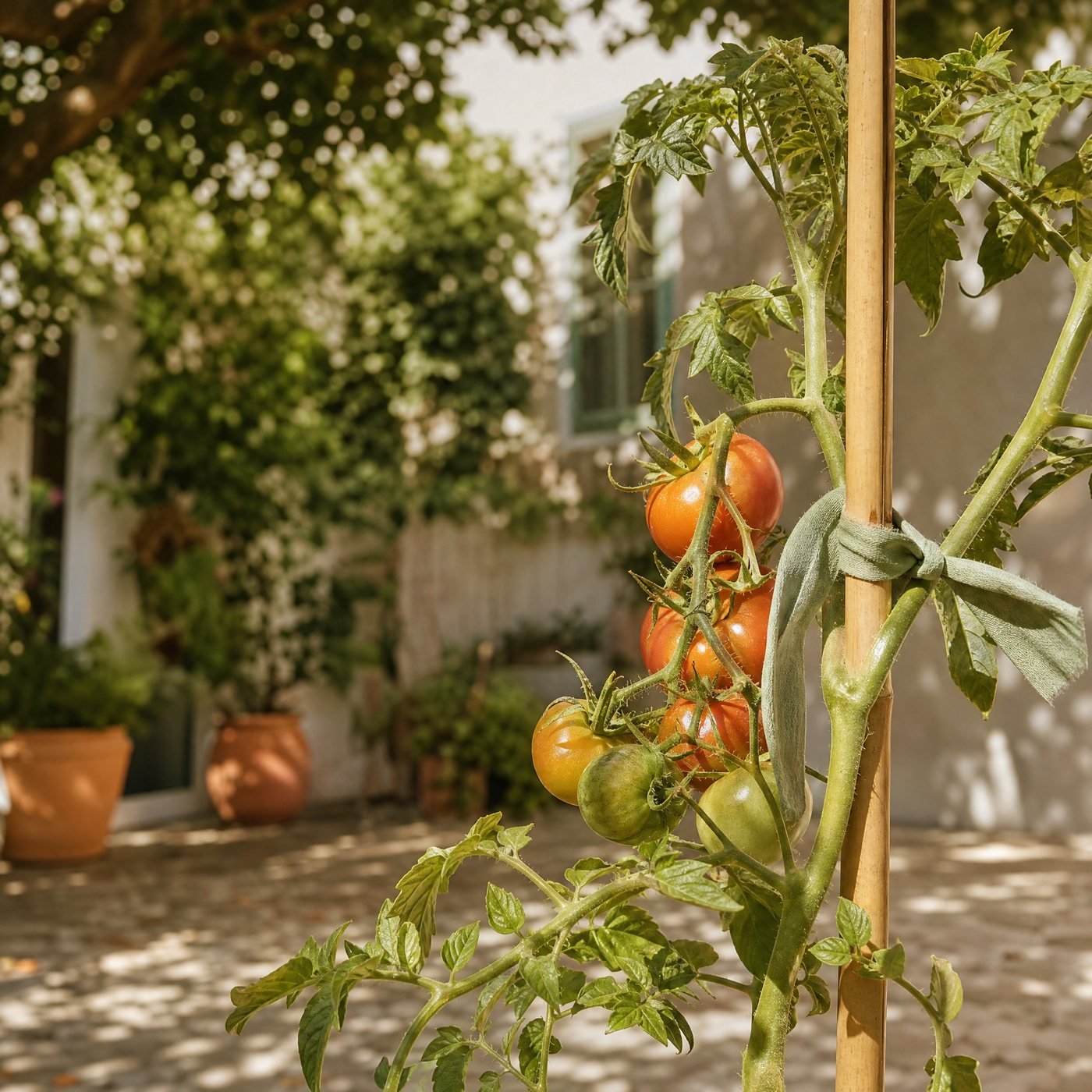 Soft Plant Tie, 20 m — a tomato plant tied to a bamboo cane with this soft green tie