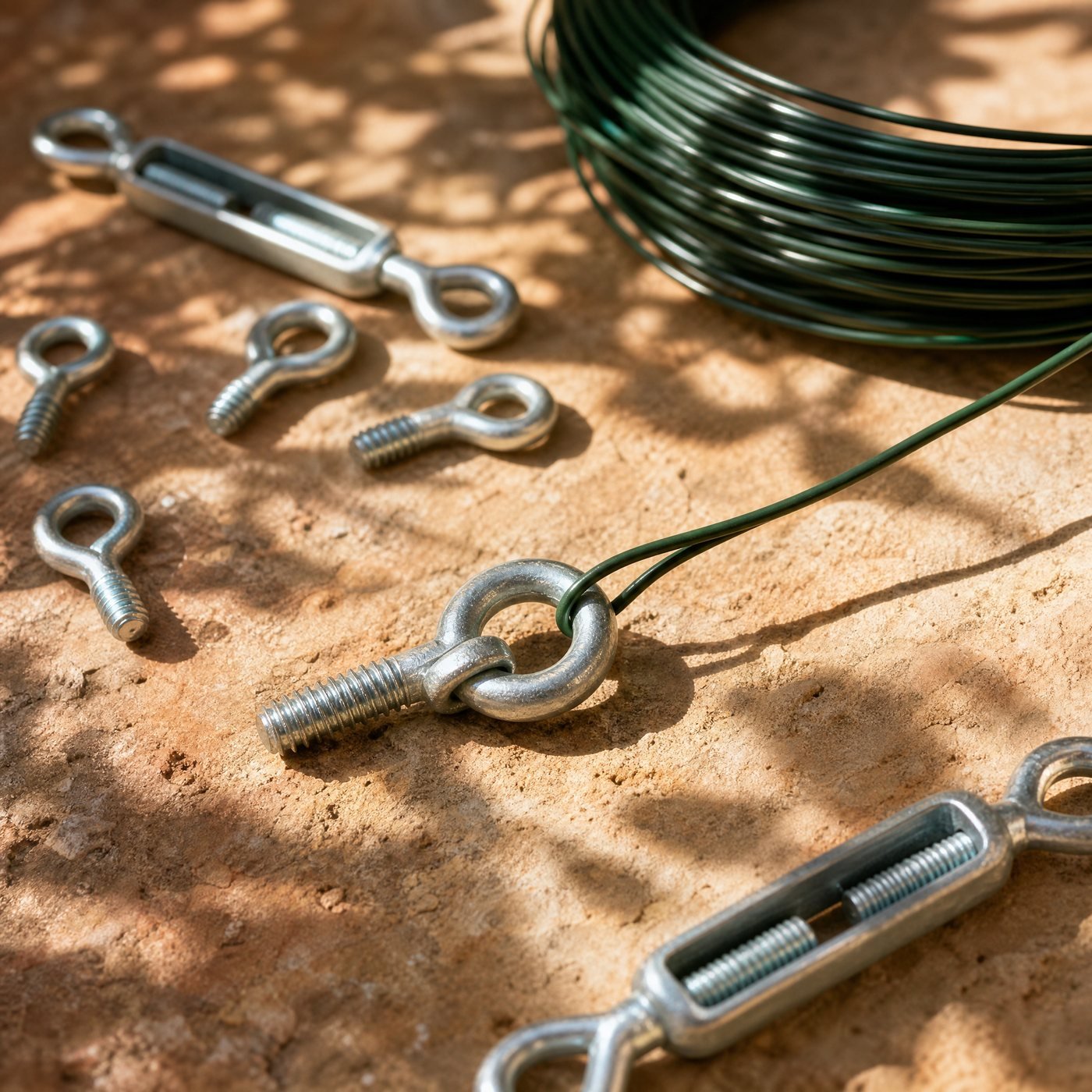 Wall Wire Kit for Climbers — detail of a vine eye with the wire threaded through