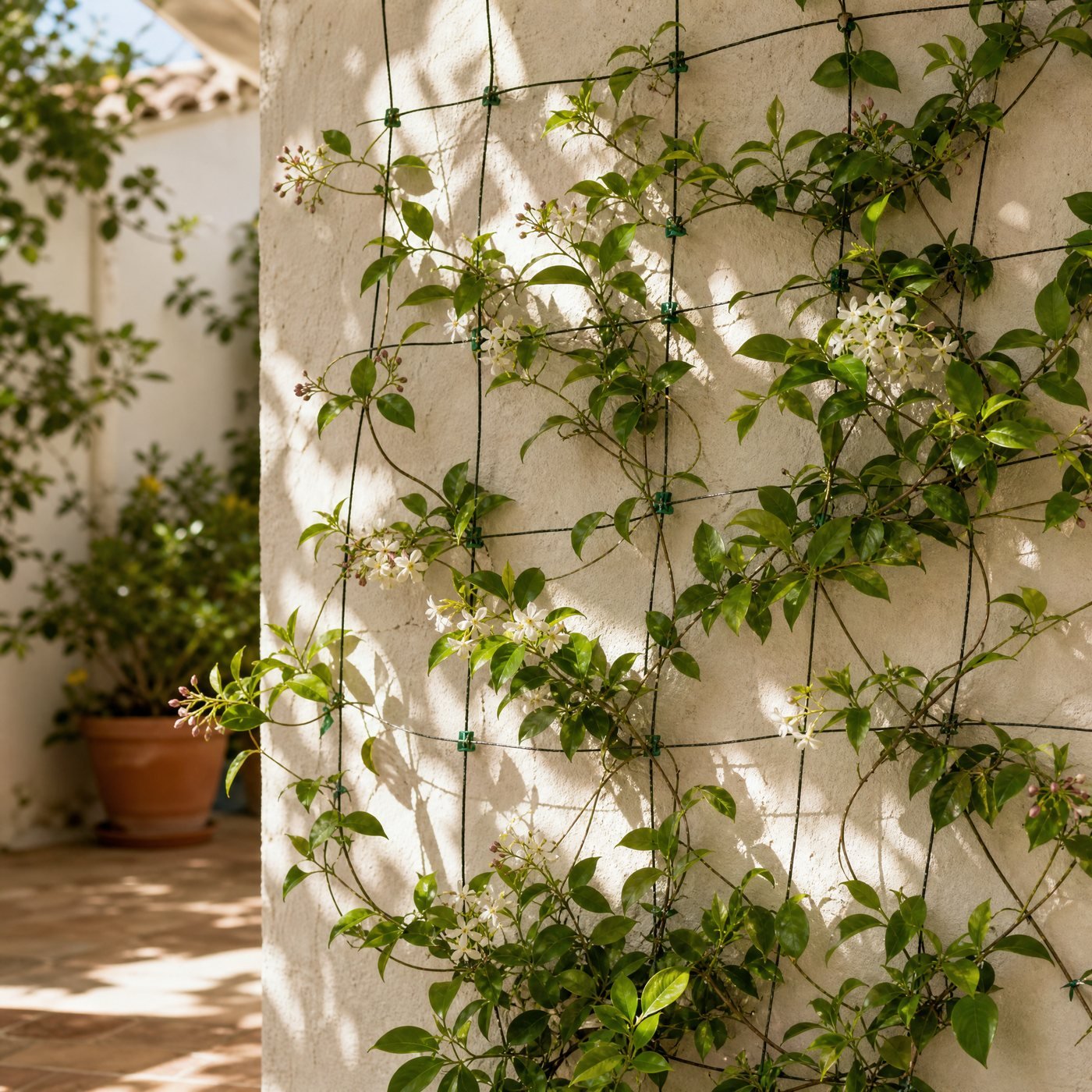 Plant Support Clips, Pack of 50 — a climbing plant on a net with these small green clips holding the stems