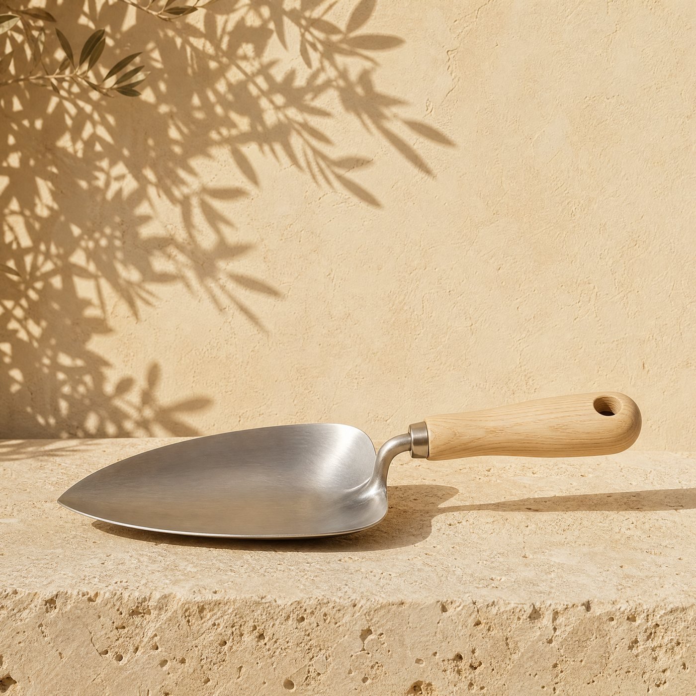 Hand Trowel, Stainless & Ash — a broad dished stainless steel hand trowel with a turned pale ash wood handle and a hanging hole, lying on a sunlit stone slab