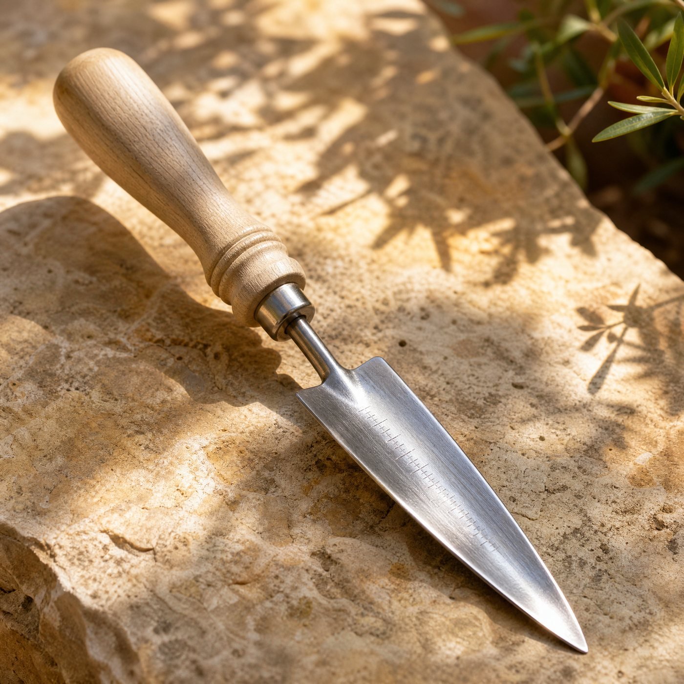 Transplanting Trowel with Depth Marks — detail of the narrow pointed blade and its etched line marks
