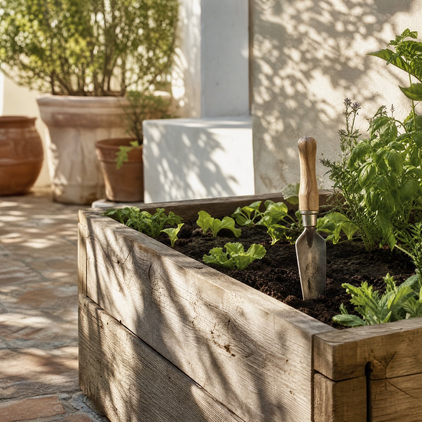 Transplanting Trowel with Depth Marks — a raised timber bed with this narrow trowel pushed into the soil beside small seedlings