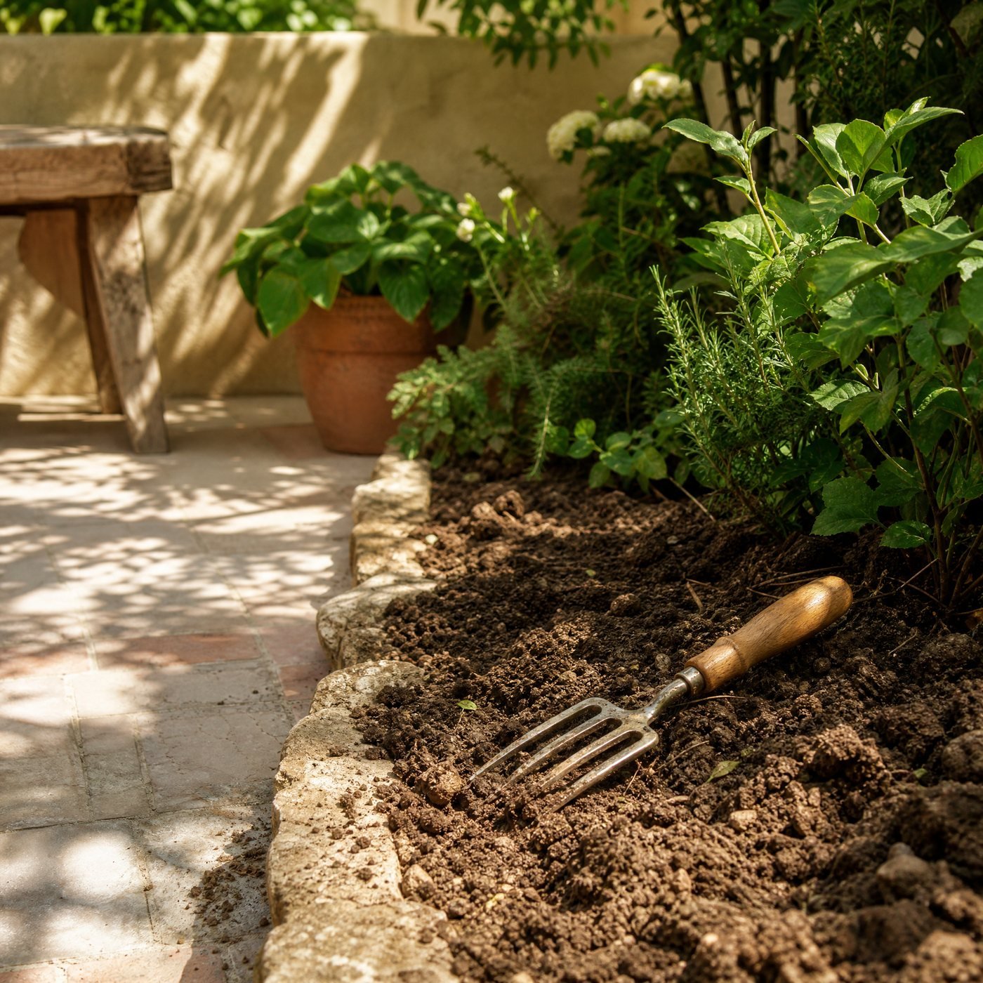Hand Fork, Three Prong — a garden border edge with this hand fork lying on freshly turned soil