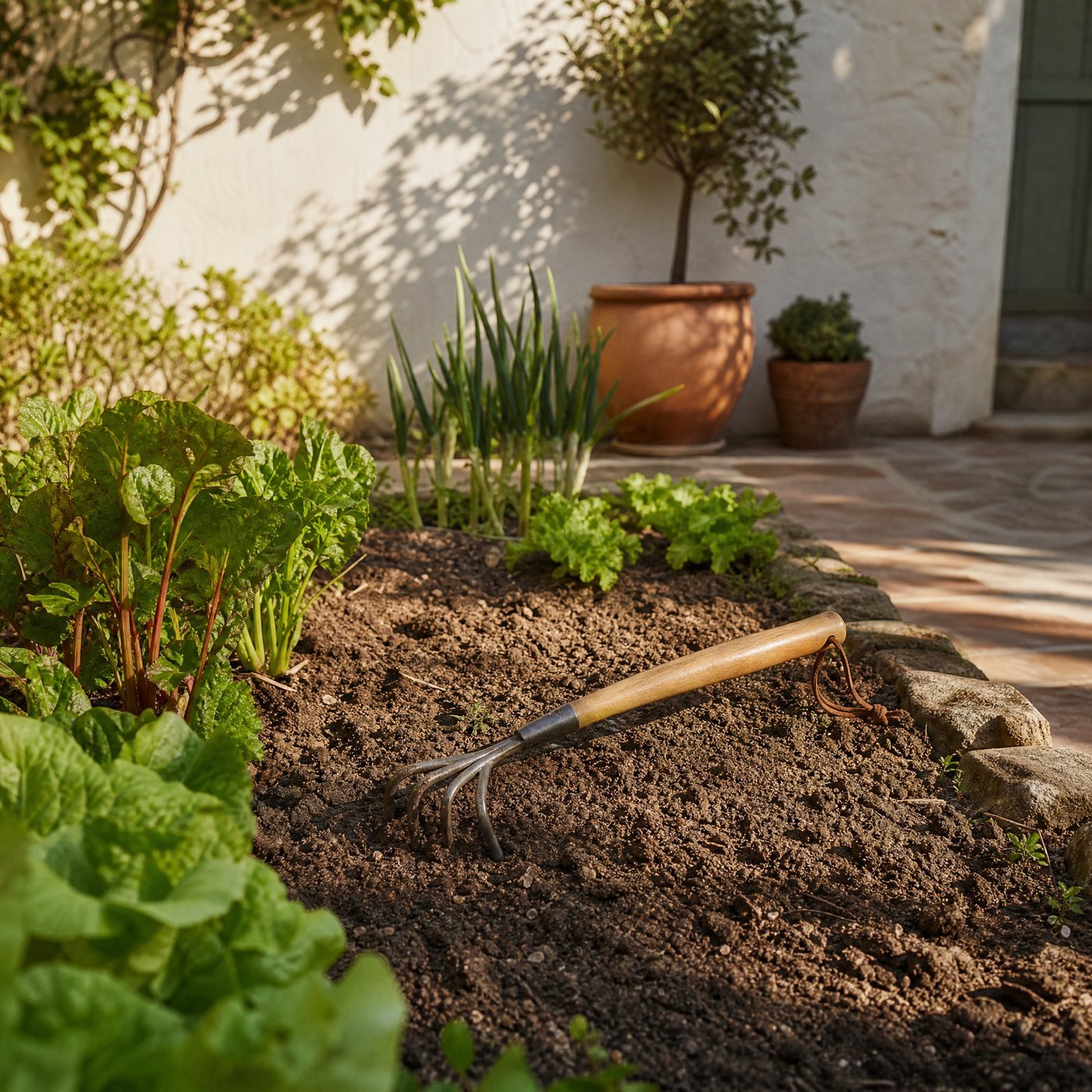 Hand Cultivator, Three Tine — a vegetable bed with this cultivator resting on raked soil