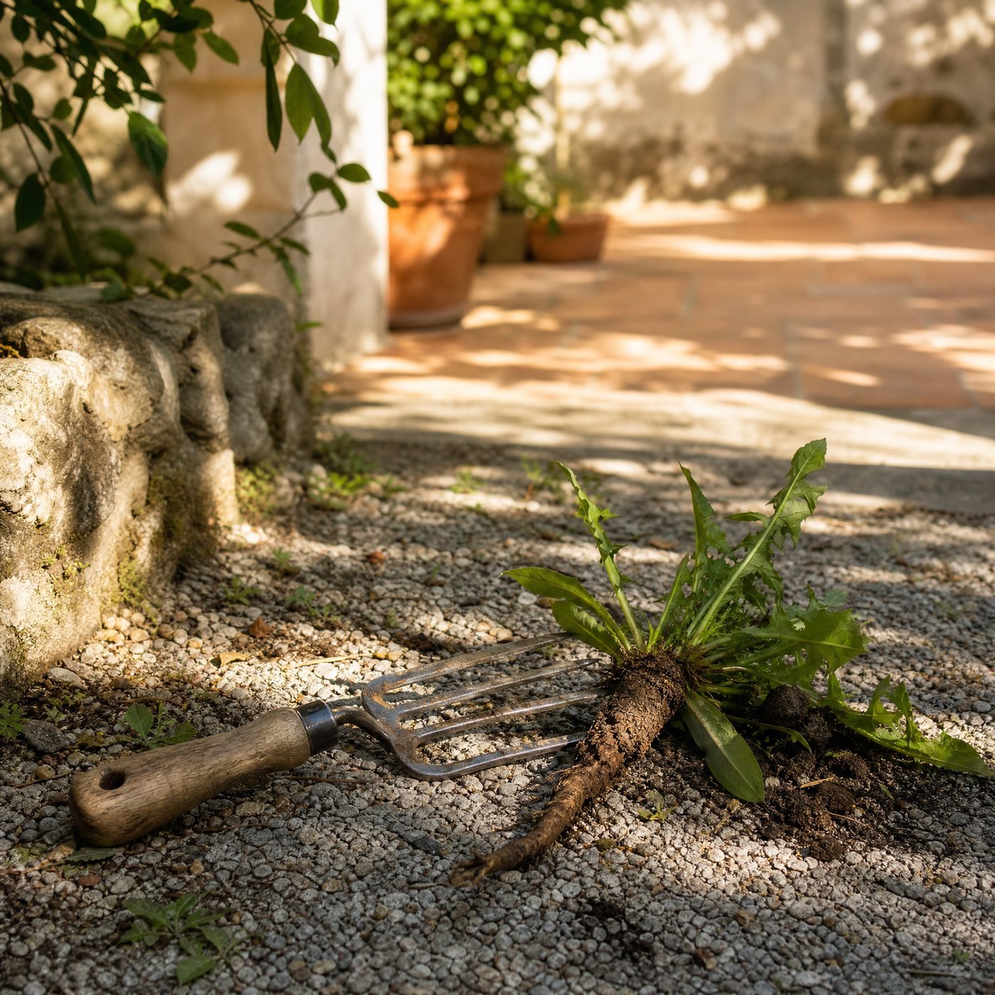 Weeding Fork, Forked Tip — a gravel path edge with this weeding fork beside a lifted dandelion root