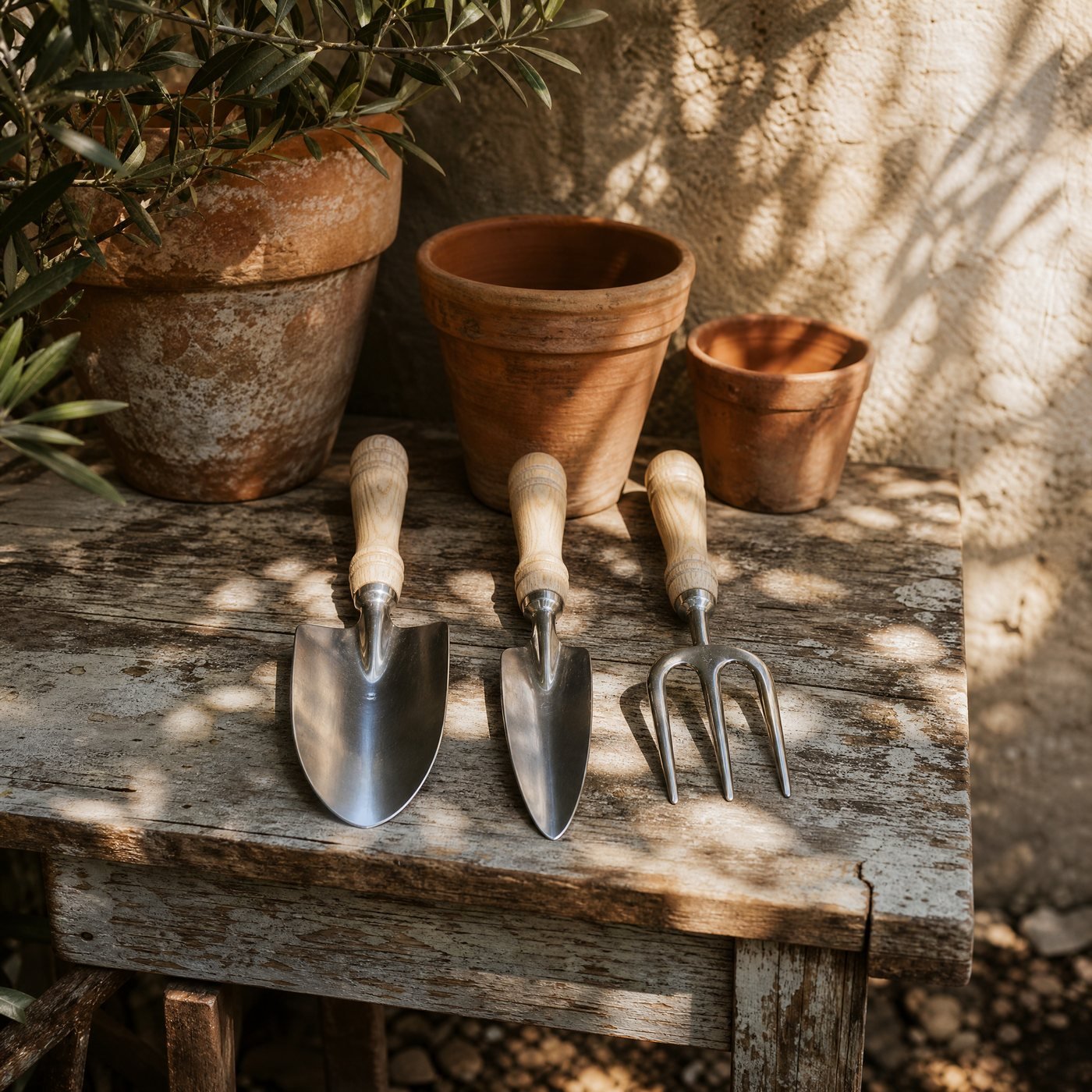 Hand Tool Set of Three — a weathered potting table with the three tools laid out beside terracotta pots