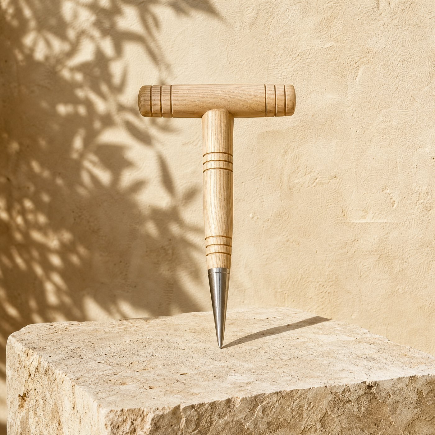 Ash Wood Dibber — a turned pale ash wood T-handle dibber with rings cut into it and a pointed stainless steel tip, lying on a sunlit stone slab