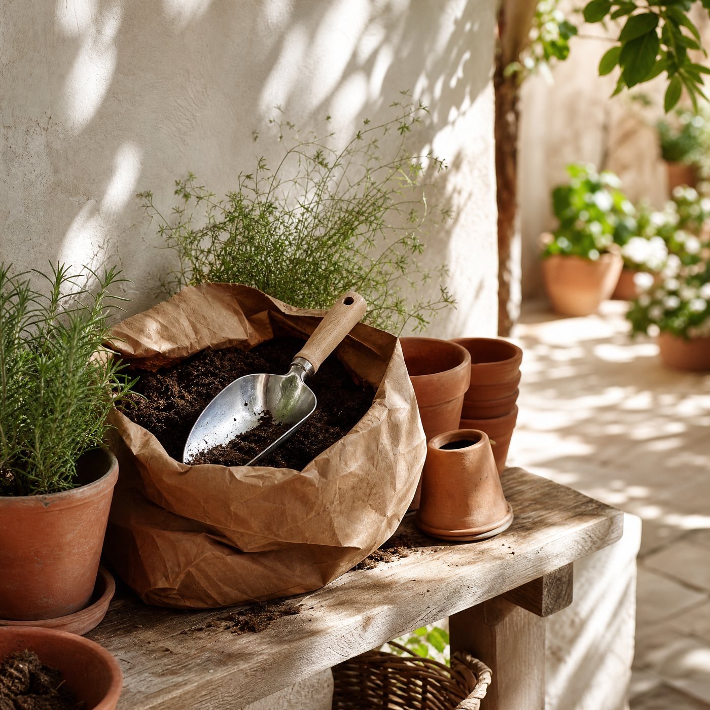 Potting Scoop, Stainless — a potting bench with this scoop resting in an open bag of compost beside terracotta pots