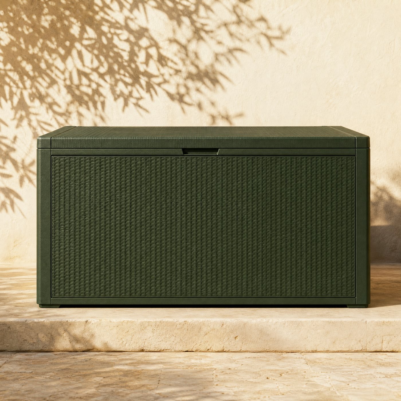 Deck Storage Box, 120 L — a large rectangular dark moss-green textured polypropylene deck storage box with a hinged lid, closed