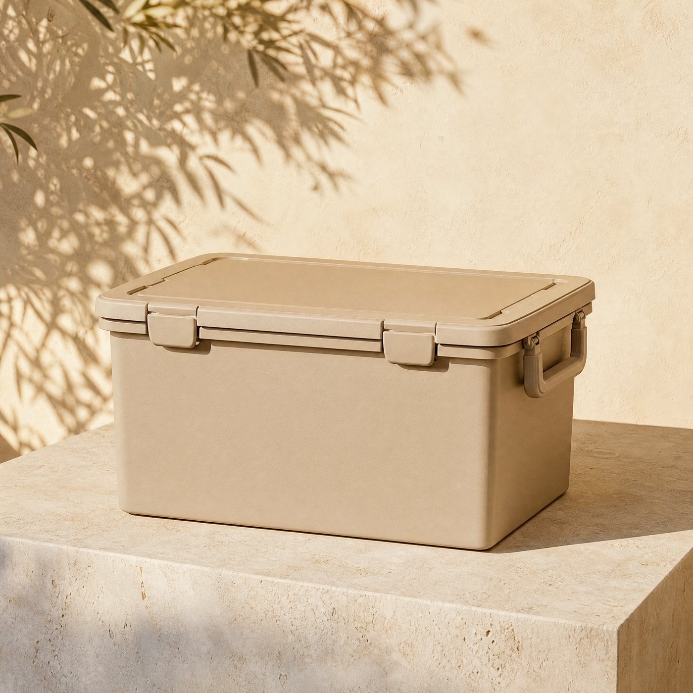 Stackable Storage Box, 30 L — a rectangular matt oat-beige polypropylene storage box with a clip-down lid and handles, closed