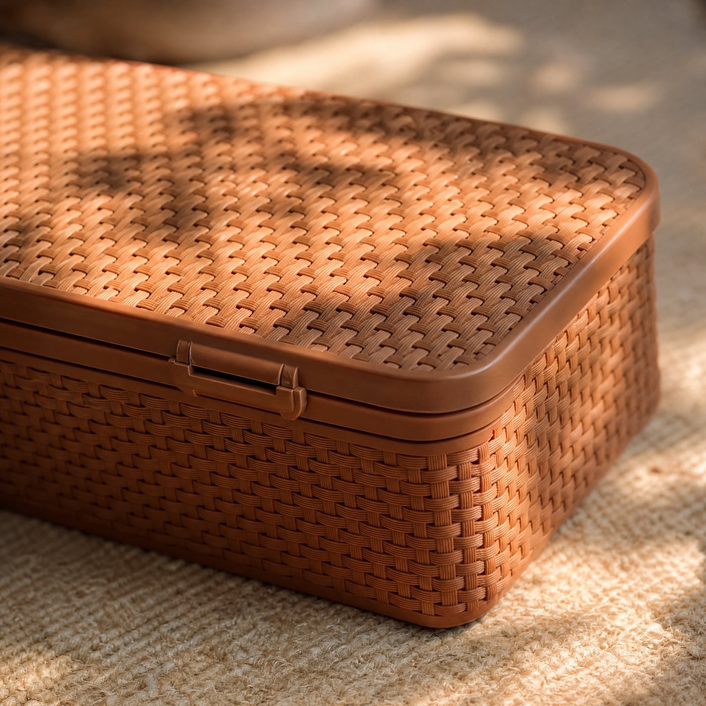 Balcony Storage Box, 70 L — detail of the woven rattan-look texture