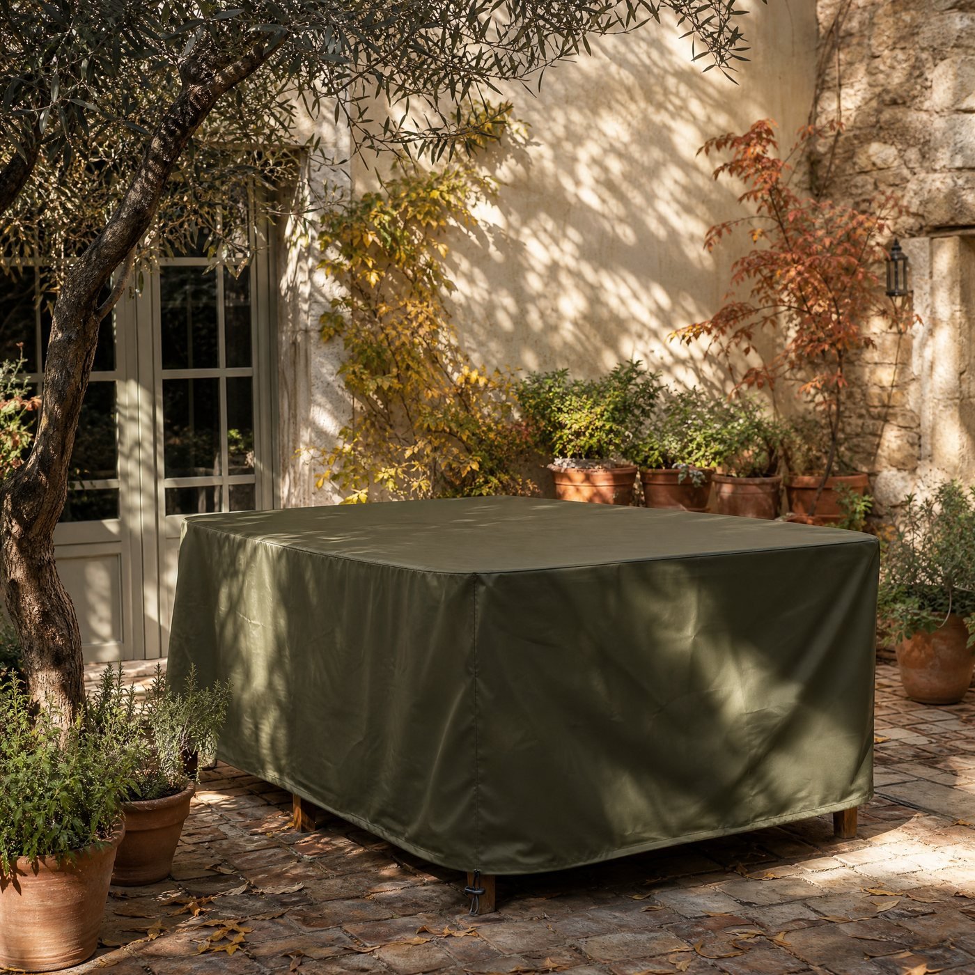 Rectangular Table Cover — a garden terrace in autumn with this green cover over a table beside potted plants