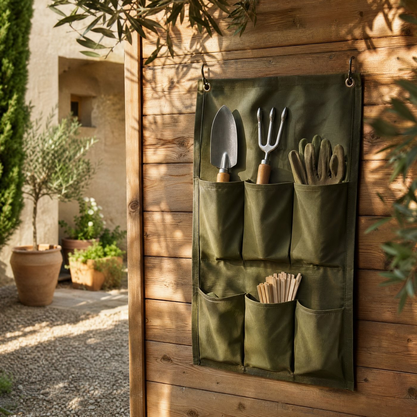 Hanging Tool Organiser — a timber shed wall with this organiser holding hand tools, gloves and plant labels