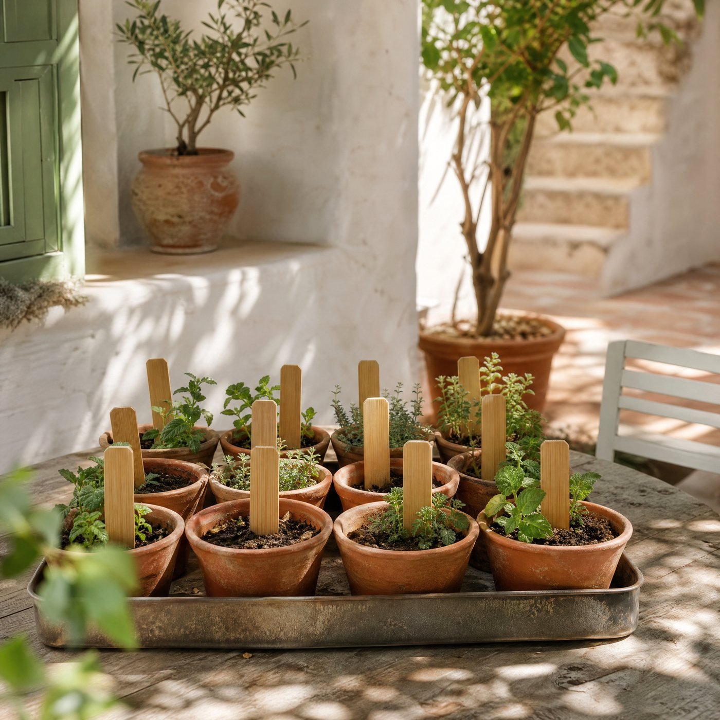 Bamboo Plant Markers, Pack of 50 — a tray of small terracotta pots with blank bamboo markers pushed into each one
