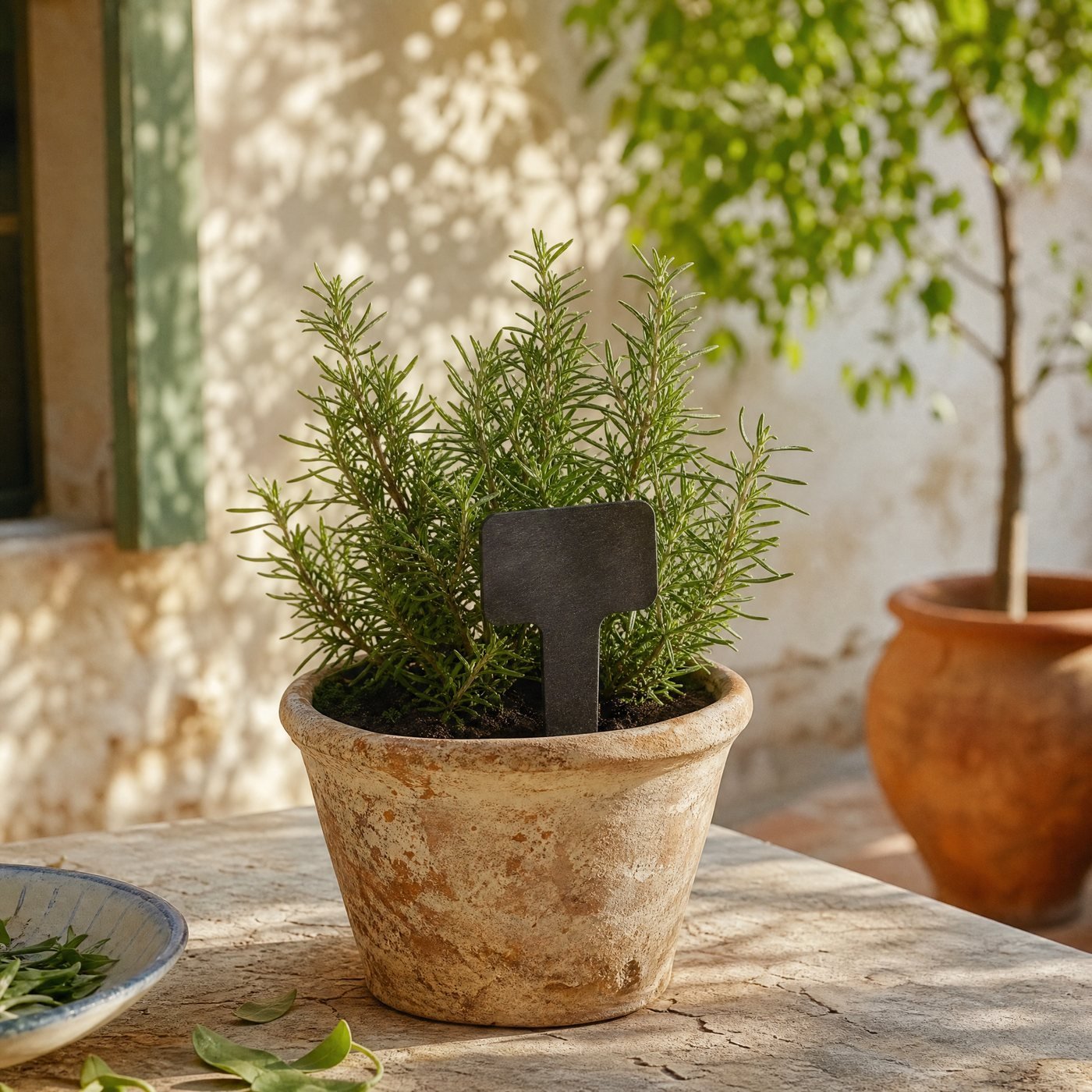 Slate-look Plant Labels with Pen, 30 — a potted herb on a table with one of these dark labels pushed into the soil