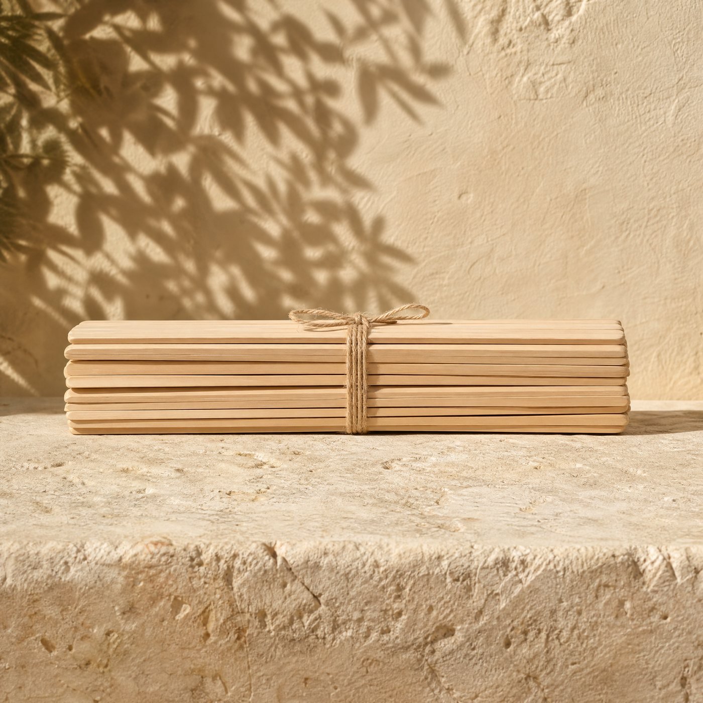 Tall Bamboo Row Markers, Pack of 20 — a bundle of long flat pale bamboo row markers tied with string, blank, lying on sunlit stone