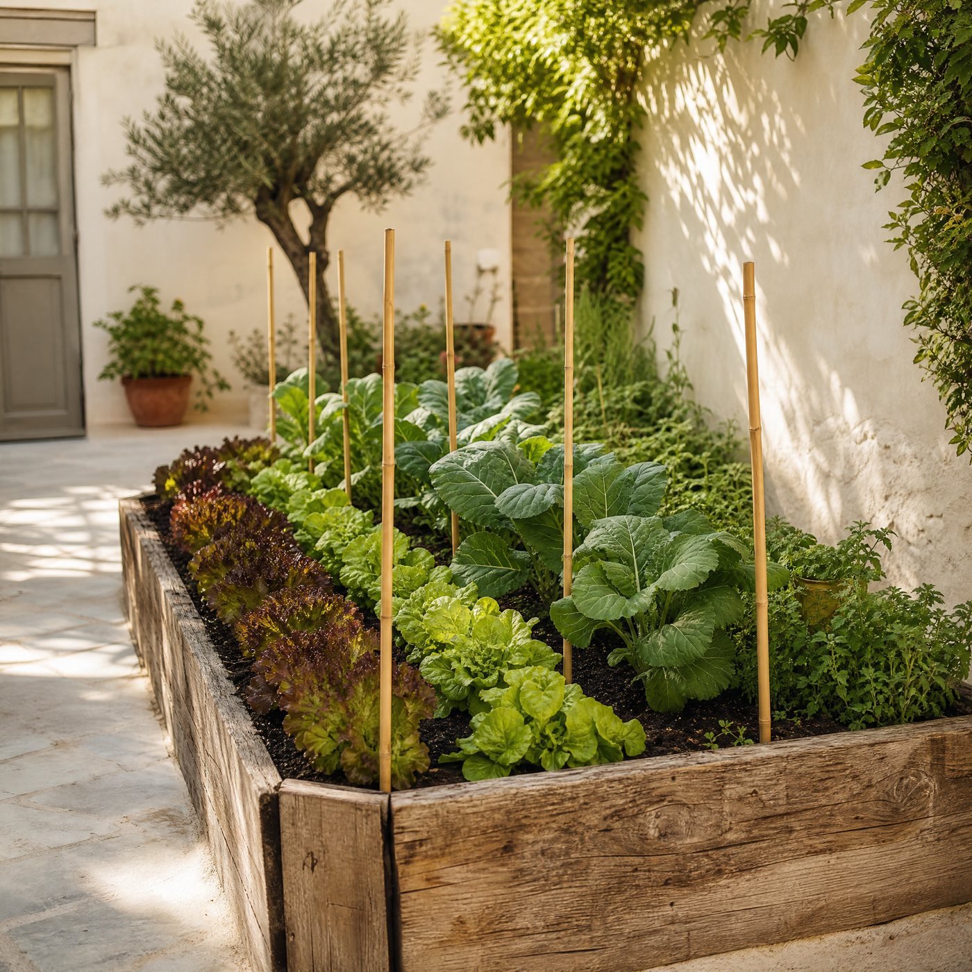 Tall Bamboo Row Markers, Pack of 20 — a raised vegetable bed with tall blank bamboo markers at the end of each row