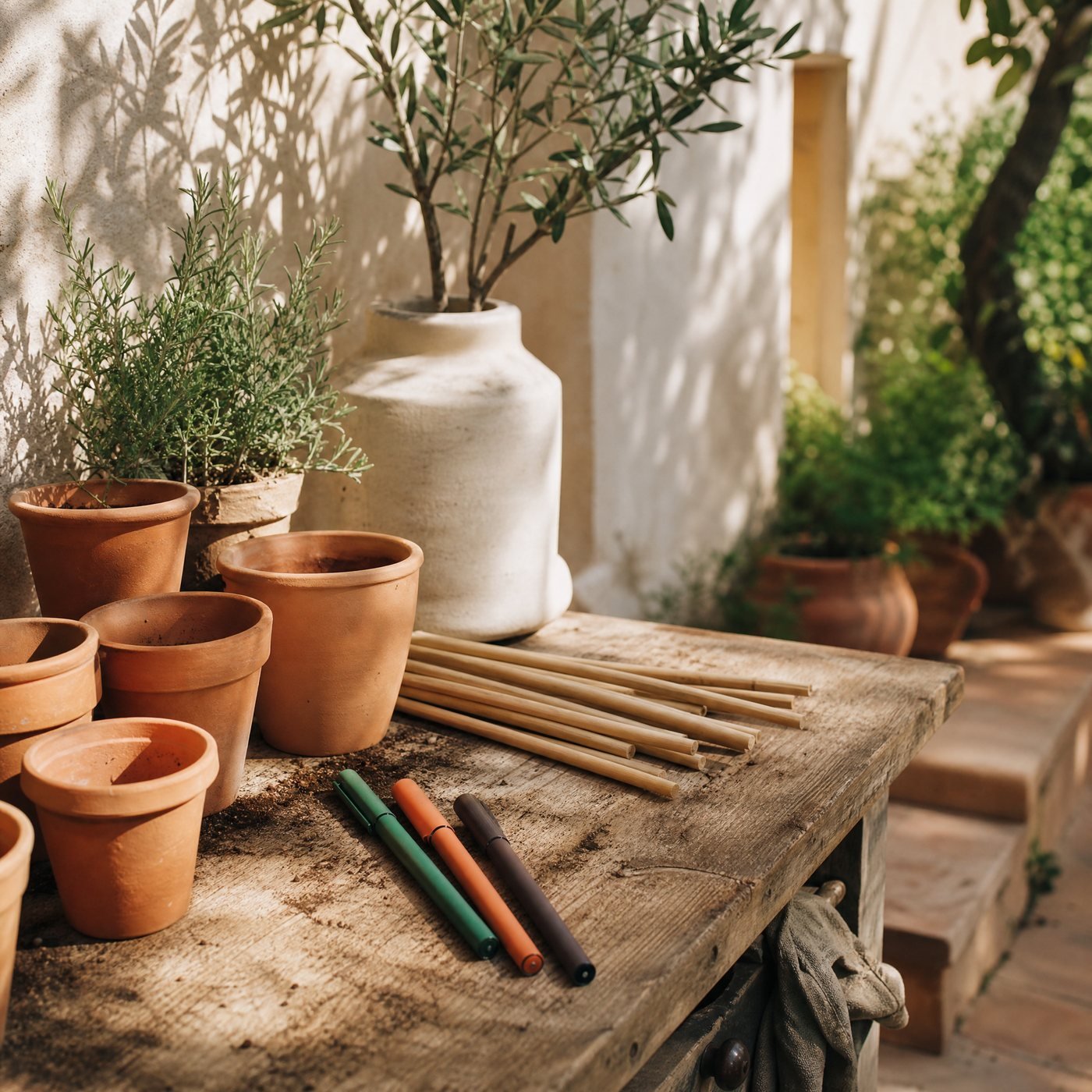 Garden Marker Pens, Set of 3 — a potting bench with these pens beside terracotta pots and bamboo markers