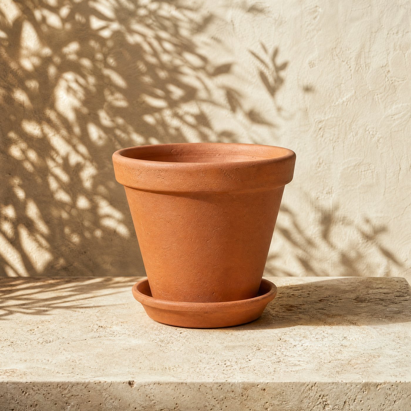 Classic Terracotta Pot with Saucer — a plain unglazed tapered terracotta flower pot with a rolled rim standing on a matching terracotta saucer, empty