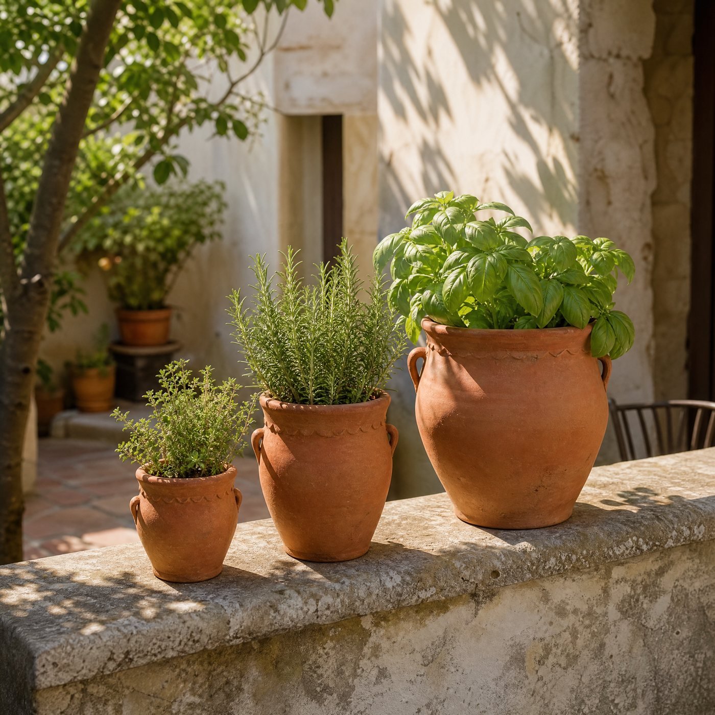Classic Terracotta Pot with Saucer — a sunny stone balcony ledge with three of these terracotta pots in different sizes holding herbs