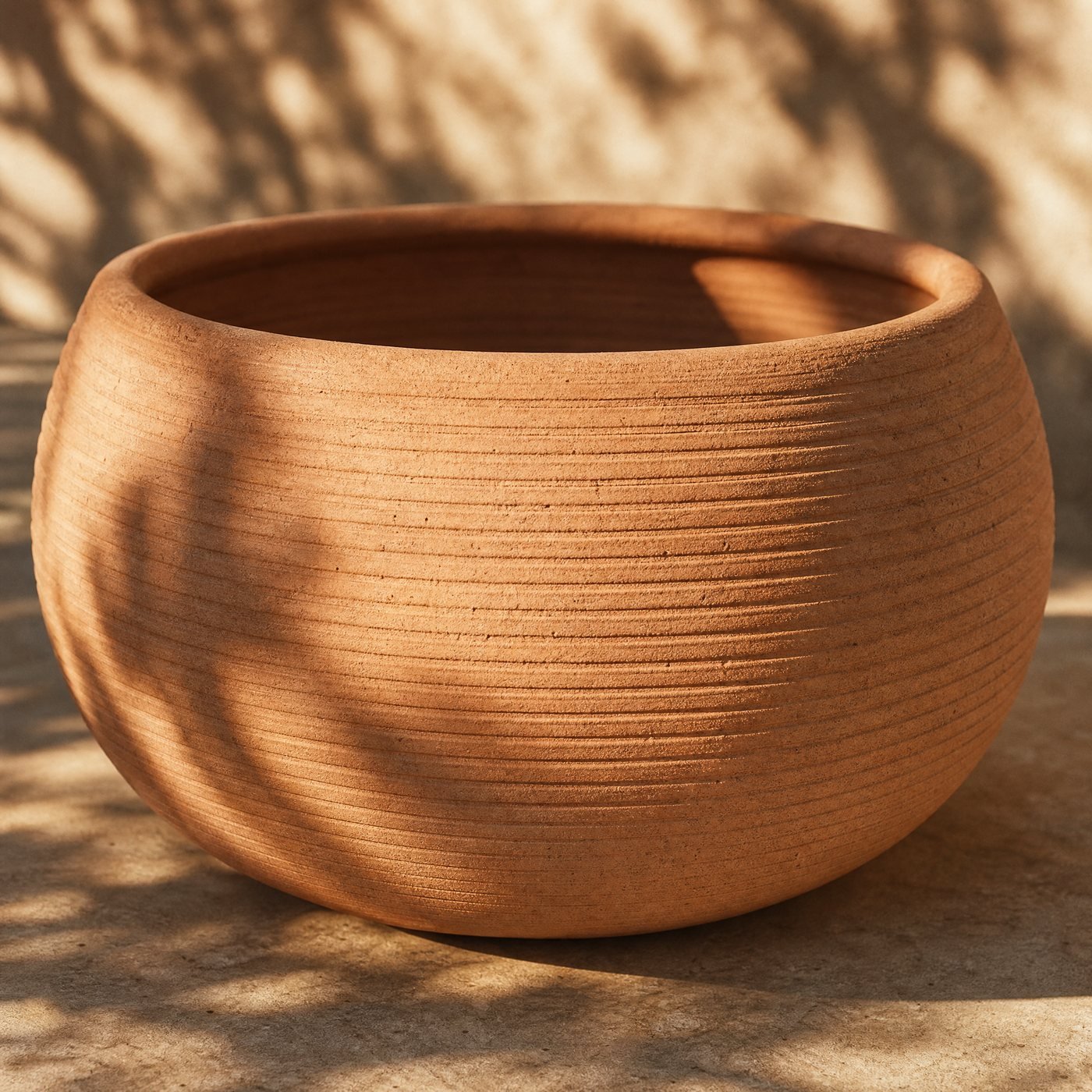 Ribbed Terracotta Planter, 30 cm — detail of the pressed horizontal ribs on the clay surface in raking sunlight