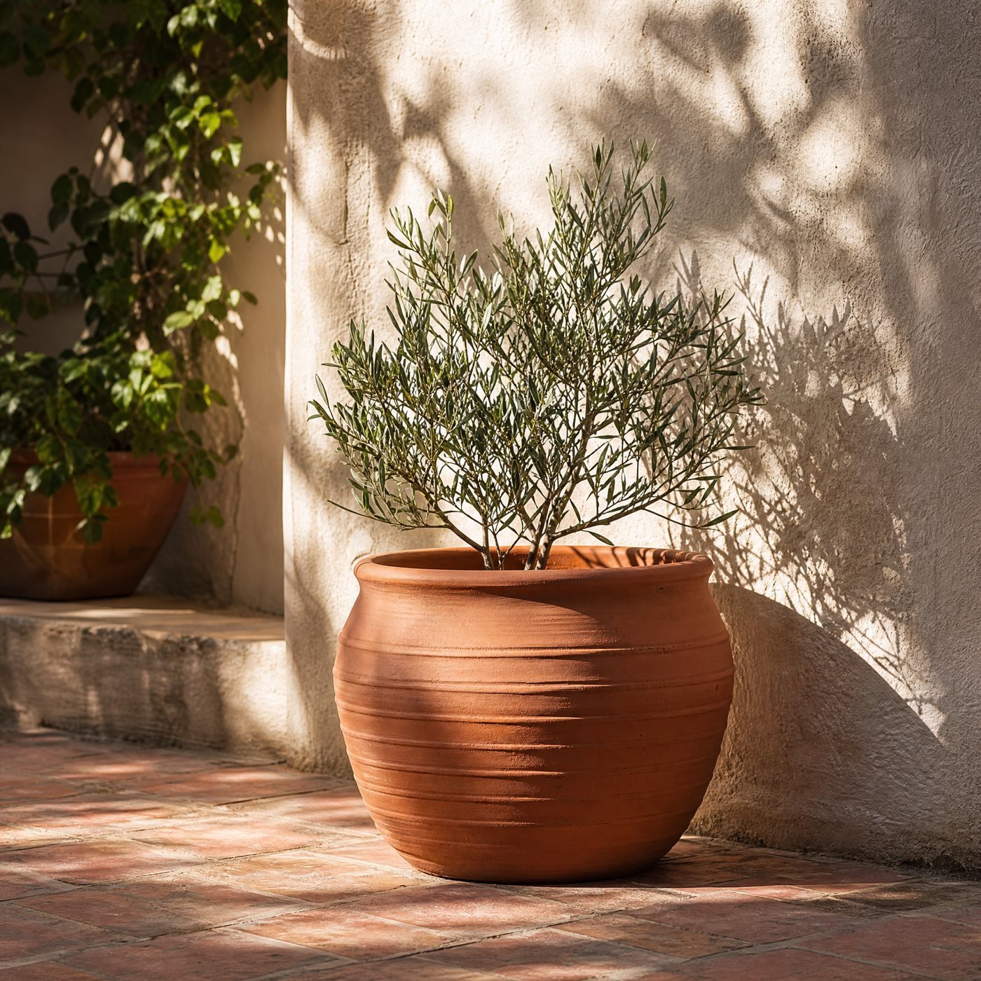 Ribbed Terracotta Planter, 30 cm — a terracotta-tiled courtyard corner with this ribbed planter holding a small olive shrub