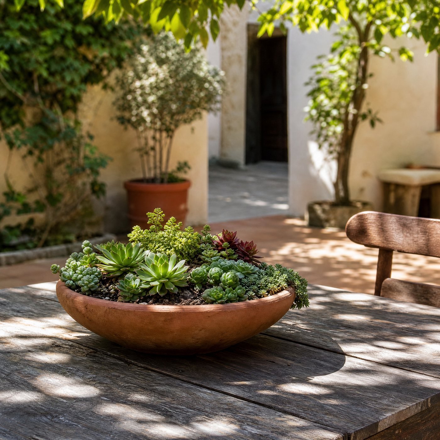 Low Terracotta Bowl Planter, 25 cm — an outdoor wooden table in dappled shade with this low terracotta bowl planted with small succulents