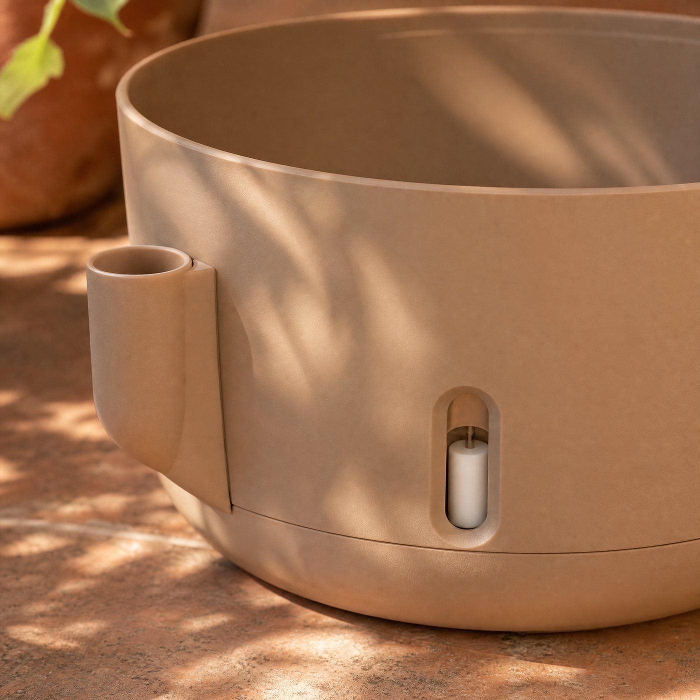 Self-Watering Planter, 30 cm — detail of the side fill spout and the small water-level float