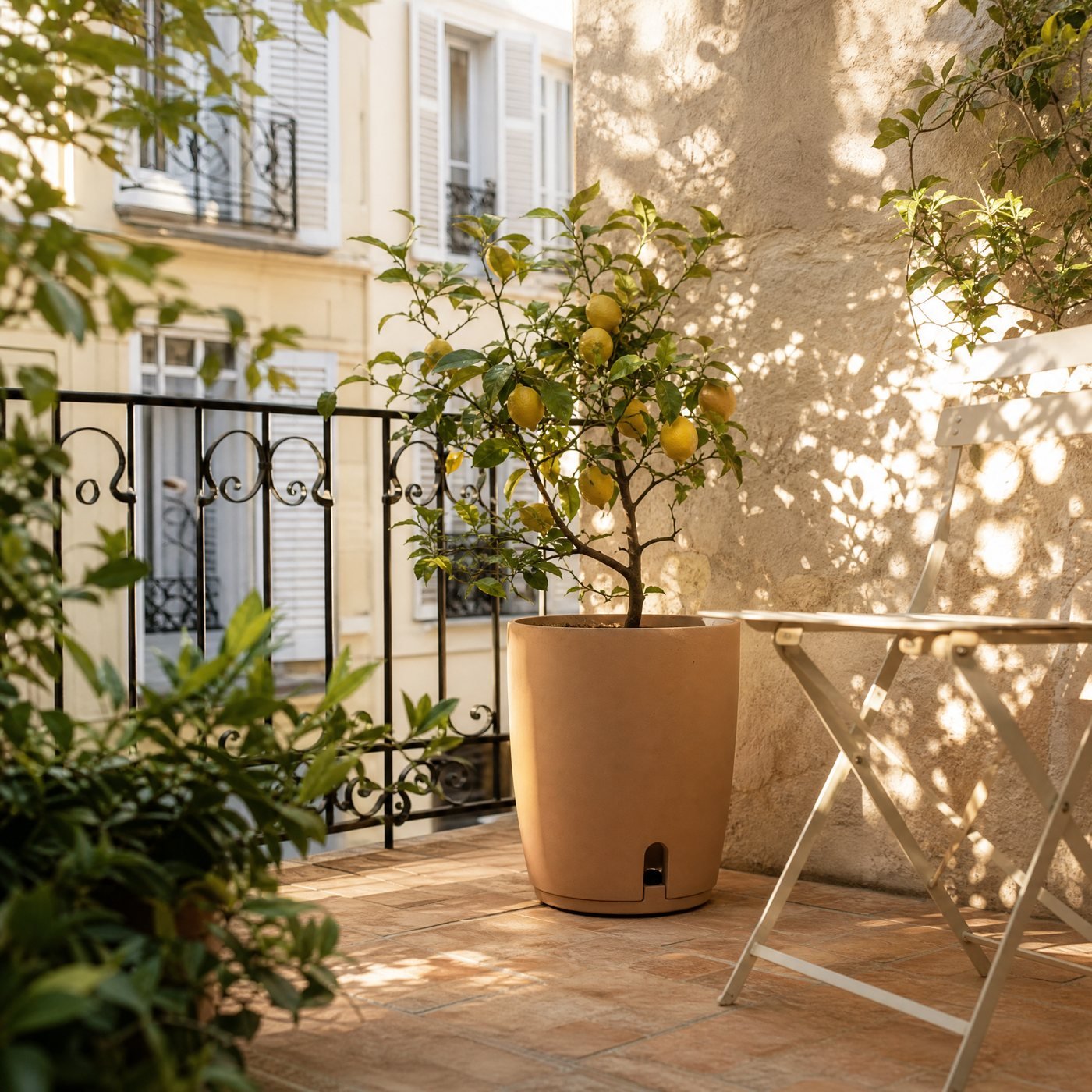 Self-Watering Planter, 30 cm — a city balcony with this clay-coloured self-watering planter holding a small lemon tree beside a folding chair