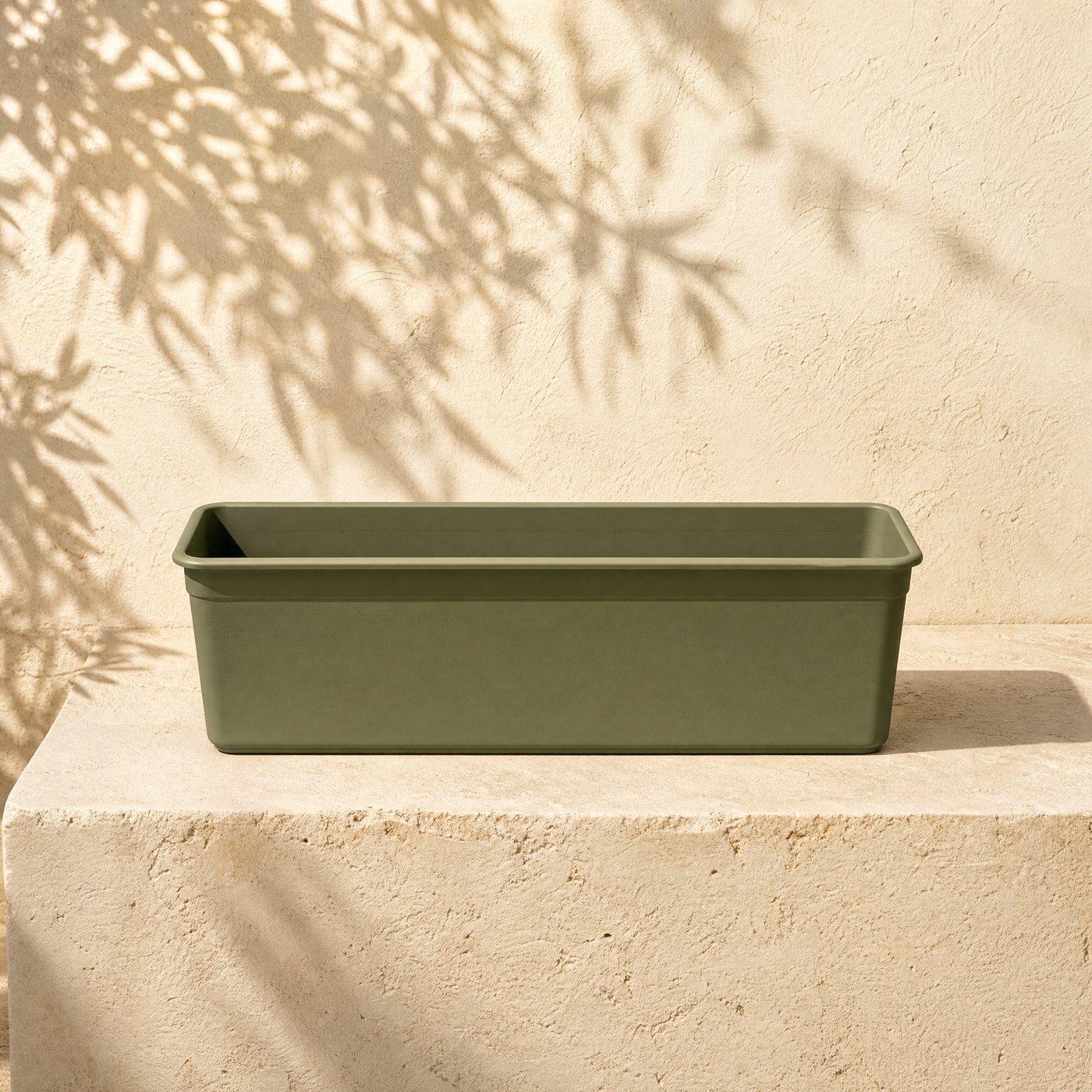 Balcony Trough, 40 cm — a narrow rectangular matt moss-green polypropylene balcony trough 40 cm long, empty