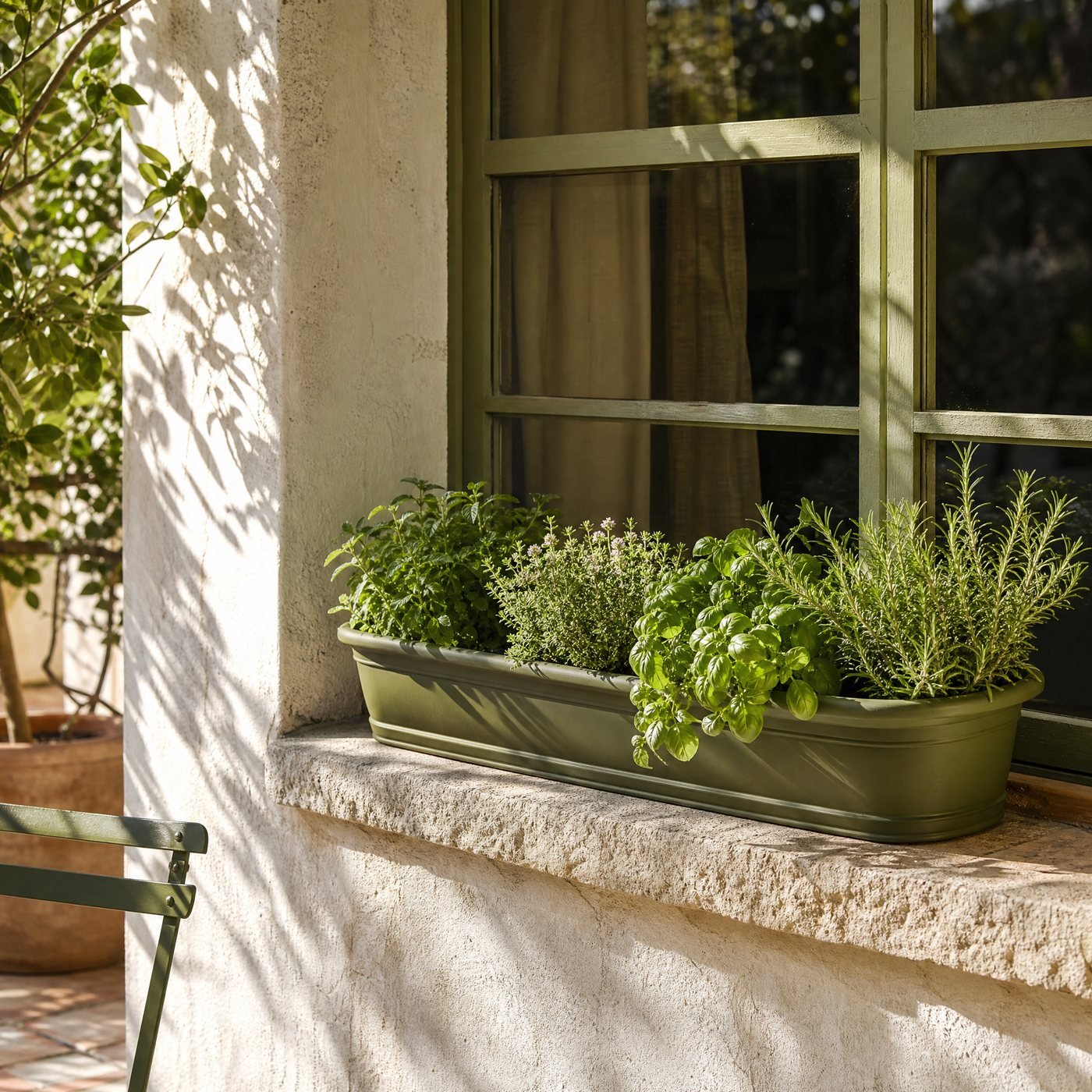 Balcony Trough, 40 cm — a sunny window ledge with this moss-green trough planted with herbs