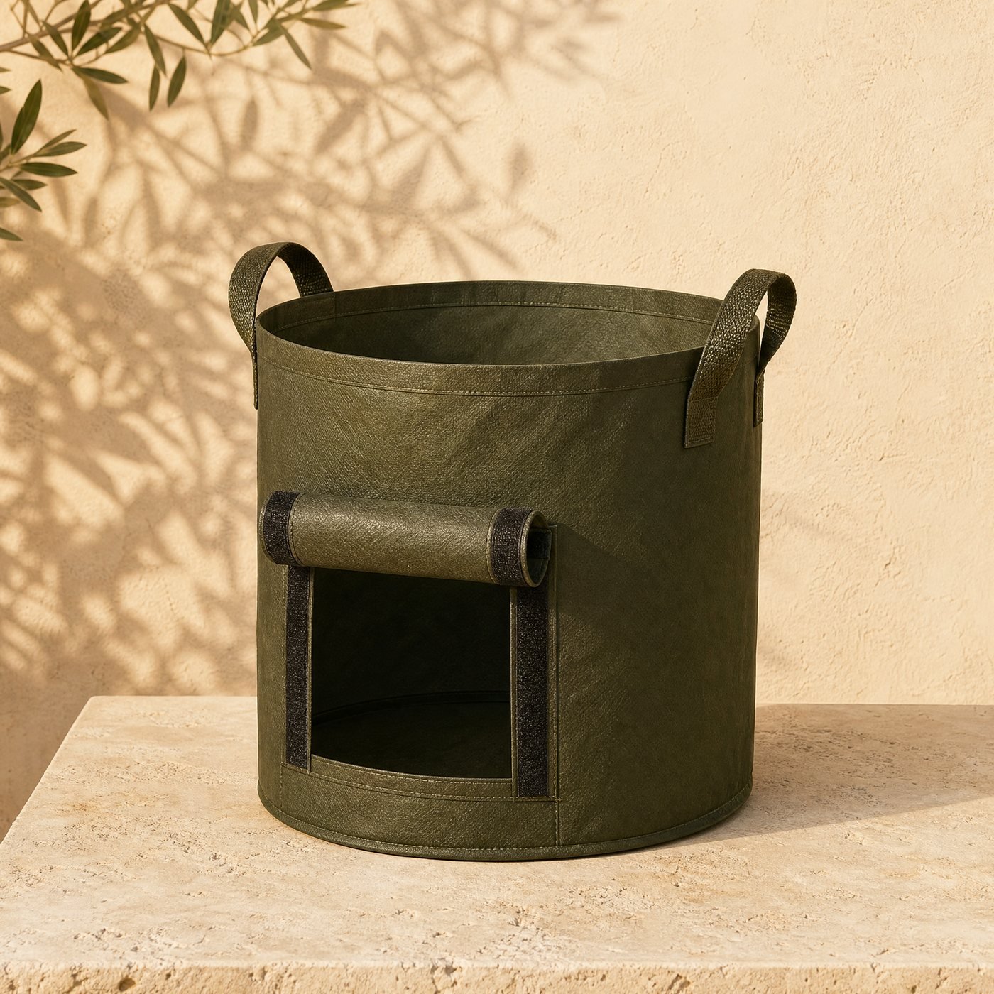 Non-woven Planting Bag with Handles, 40 cm — one large dark olive non-woven fabric planting bag with two handles and a velcro side flap, empty and open