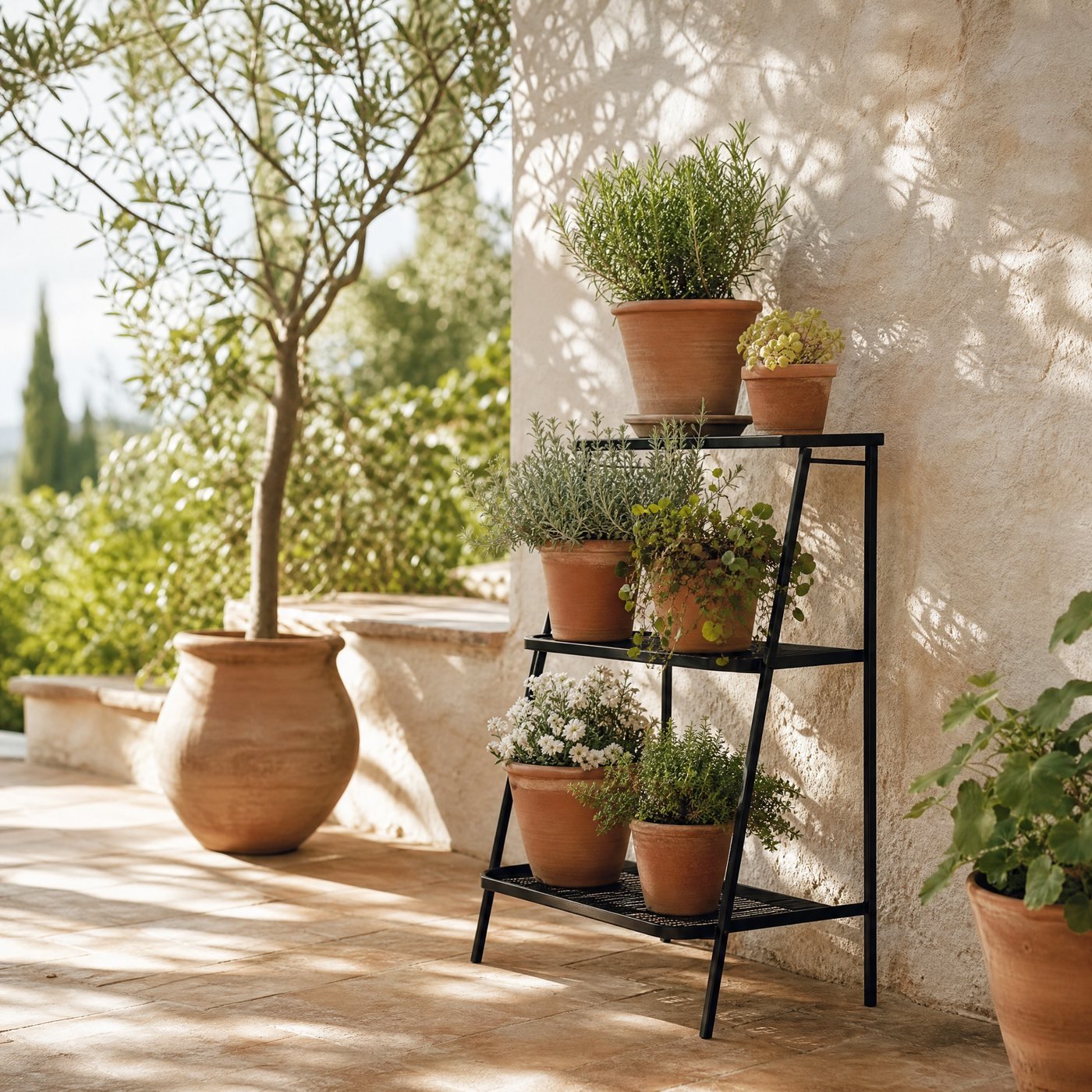 Three-tier Steel Plant Stand — a small patio beside a limewashed wall with this three-tier black steel stand holding terracotta pots