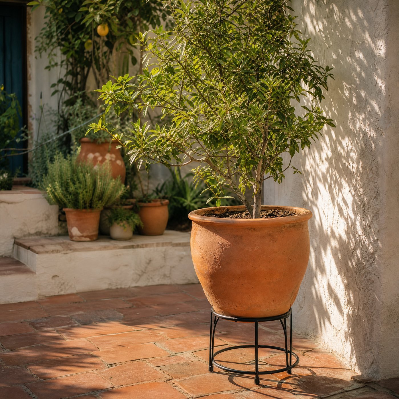 Round Steel Plant Stand, 30 cm — a terracotta-tiled terrace with a large terracotta pot raised on this black stand