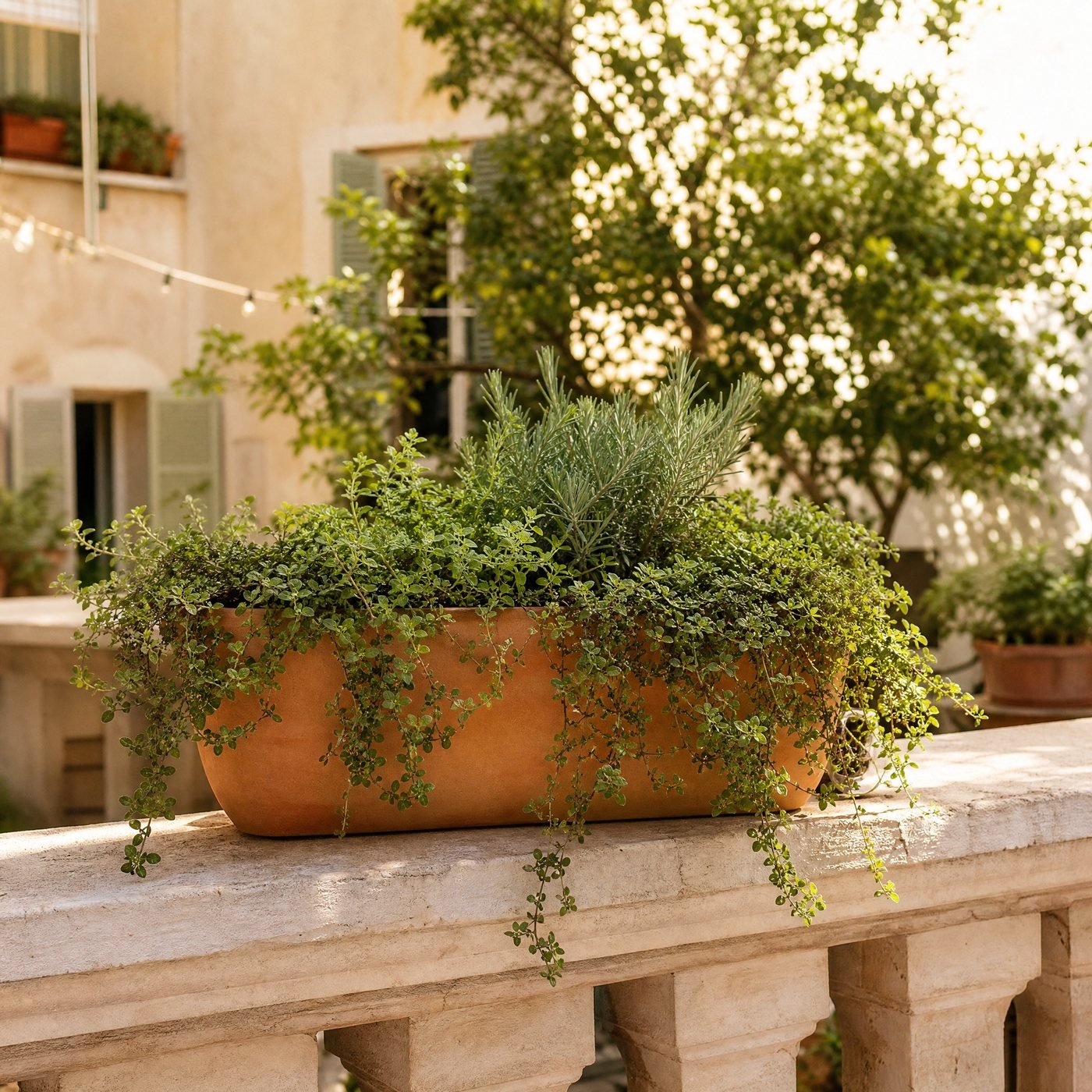 Railing Planter, 50 cm — a flat top balcony railing in a European apartment block with this clay-coloured planter holding trailing herbs