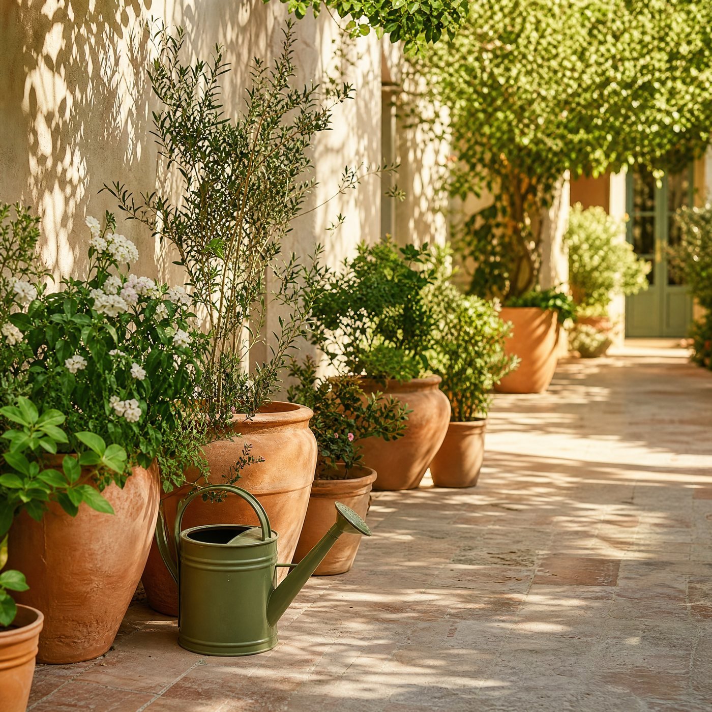 Long-reach Watering Can, 9 L — a garden path lined with terracotta pots with this green watering can standing beside them