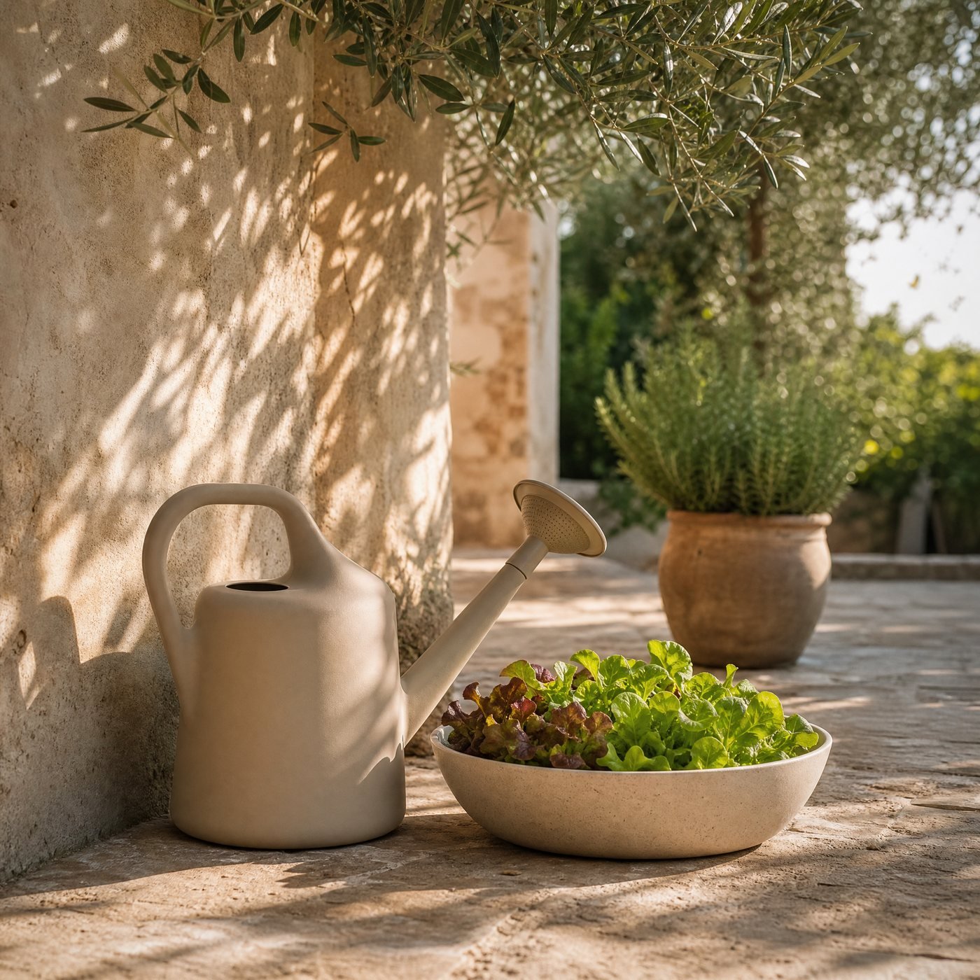 Watering Can with Rose, 5 L — a patio with this oat can watering a bowl of young lettuces