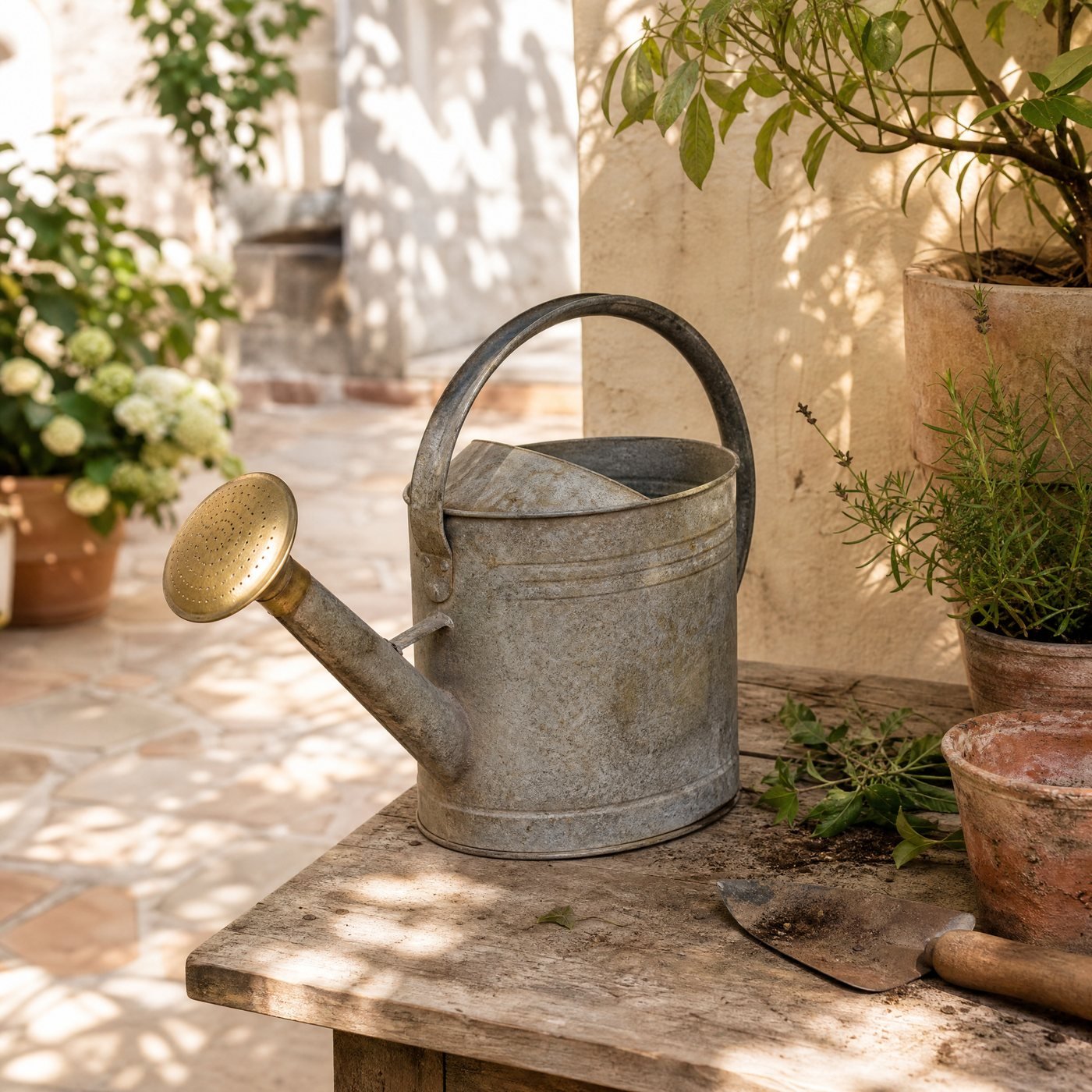 Oval Watering Rose — an old metal watering can on a potting bench fitted with this brass-tone rose