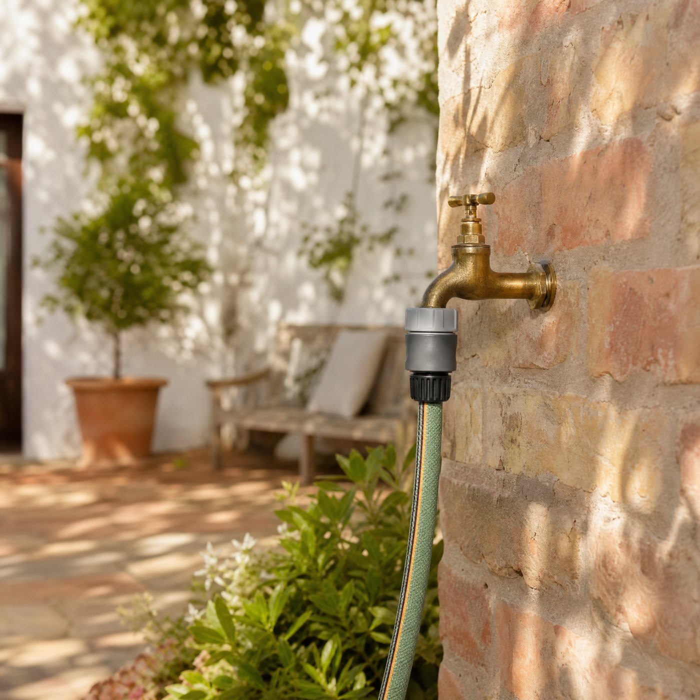 Tap Connector Set, G1/2 & G3/4 — an outdoor garden tap on a brick wall with this connector fitted and a hose clicked on