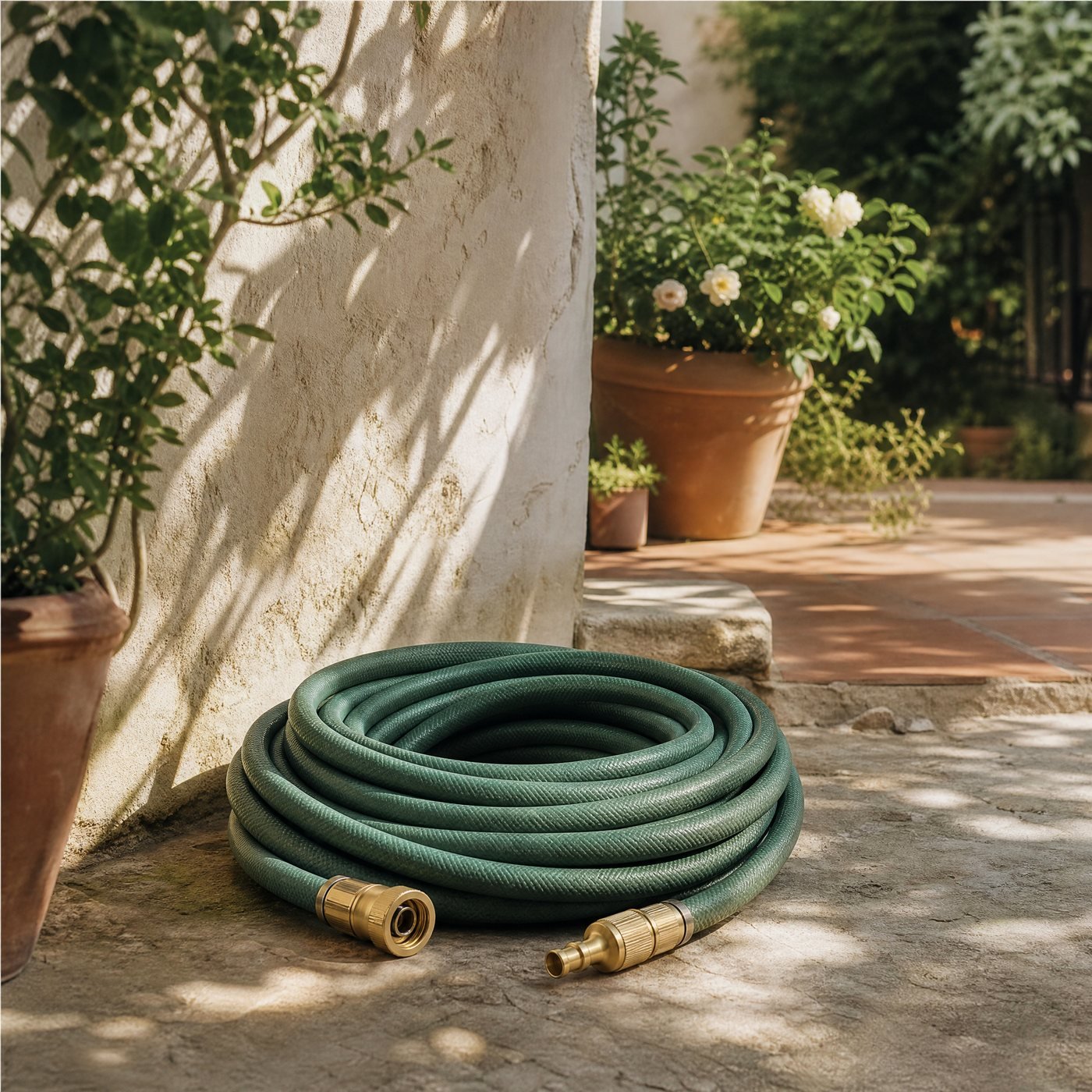 Hose Quick Connector Set, 4 Pieces — a coiled green garden hose on a patio with these connectors fitted to its ends