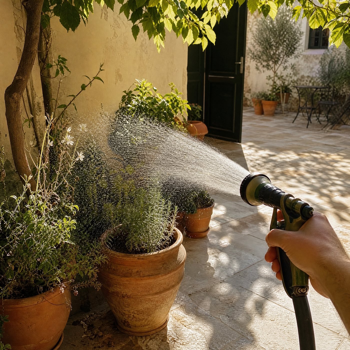 Hose Nozzle, Seven Patterns — a hand-held hose nozzle spraying a fine fan of water over pots on a terrace