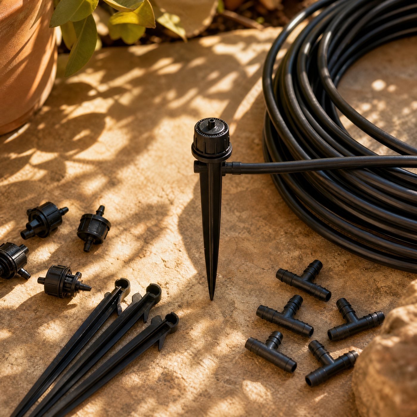 Drip Irrigation Fittings Kit — detail of an adjustable dripper on its stake