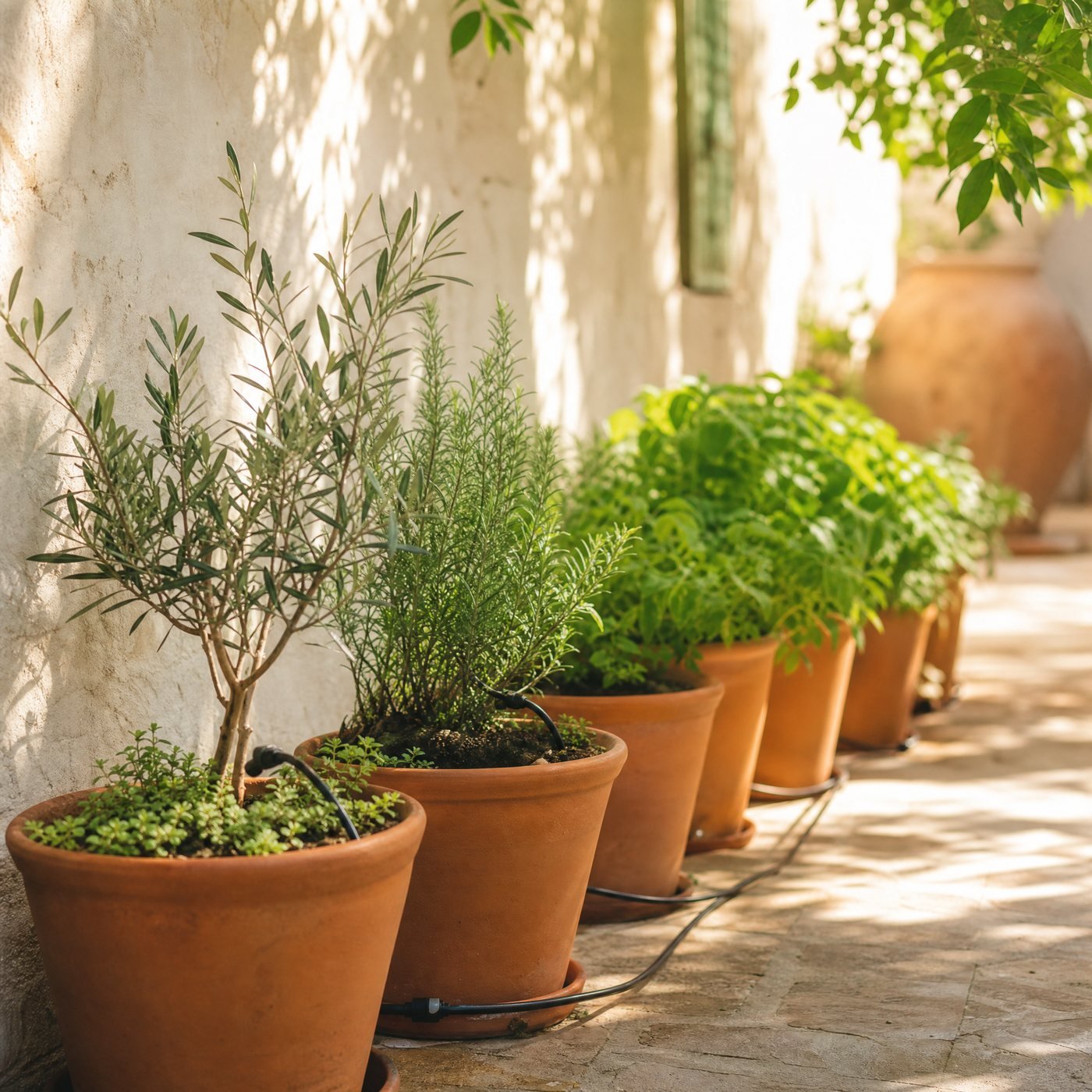 Drip Irrigation Fittings Kit — a row of terracotta pots on a patio with thin black drip lines running into each pot